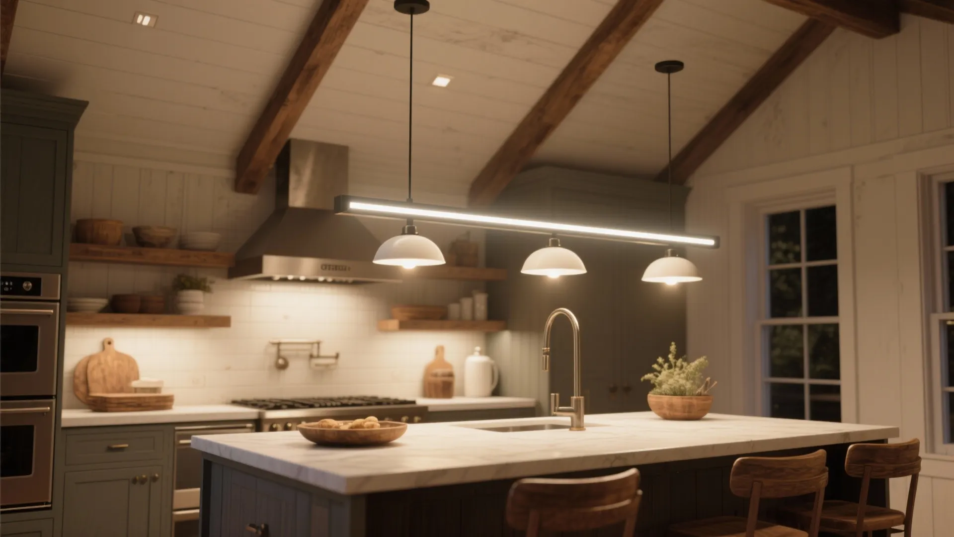 Kitchen island with white marble top sink modern light fixture wooden chairs and exposed ceiling beams