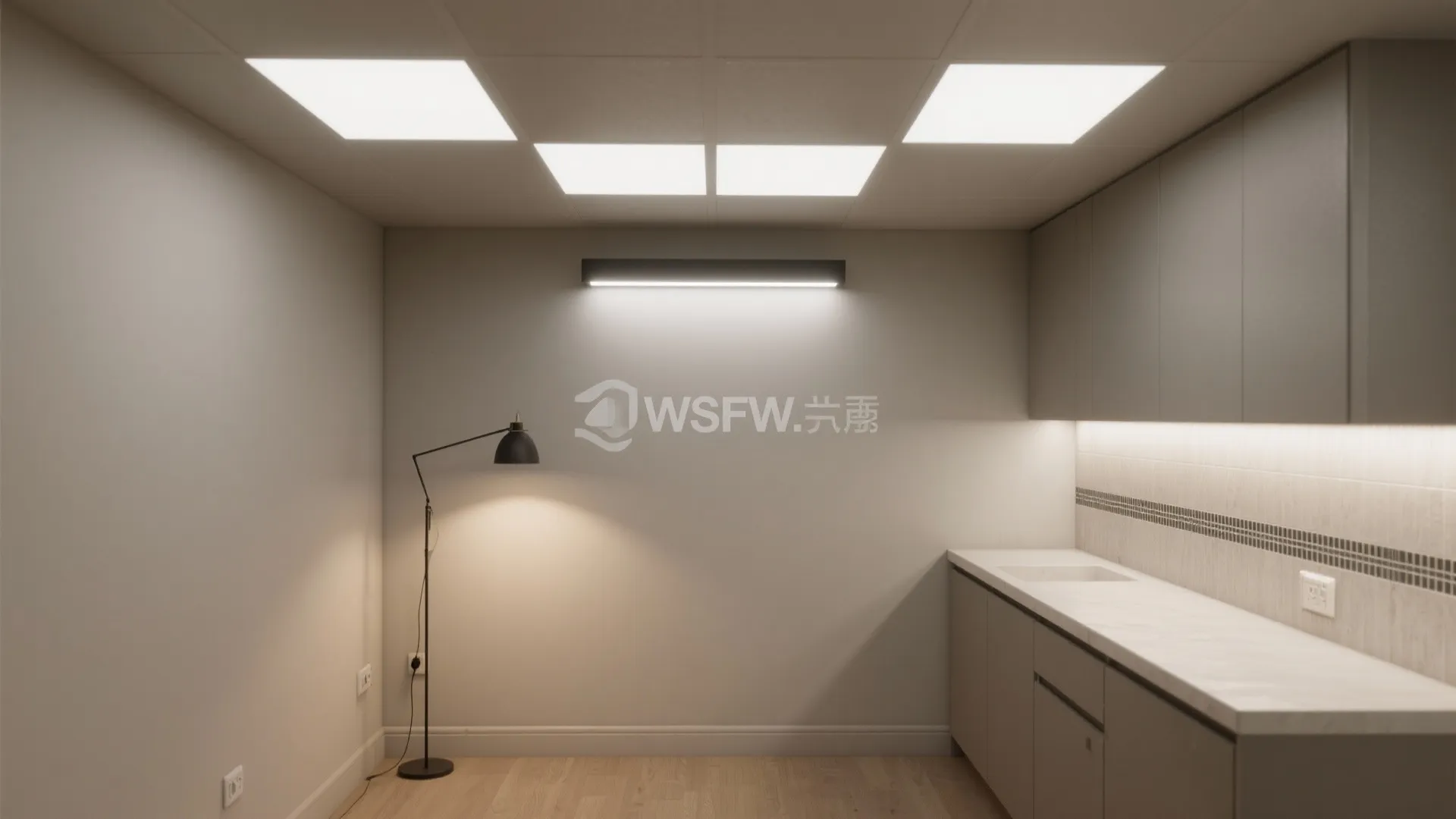 Minimalist room with square ceiling lights black floor lamp grey cabinets and bright white walls