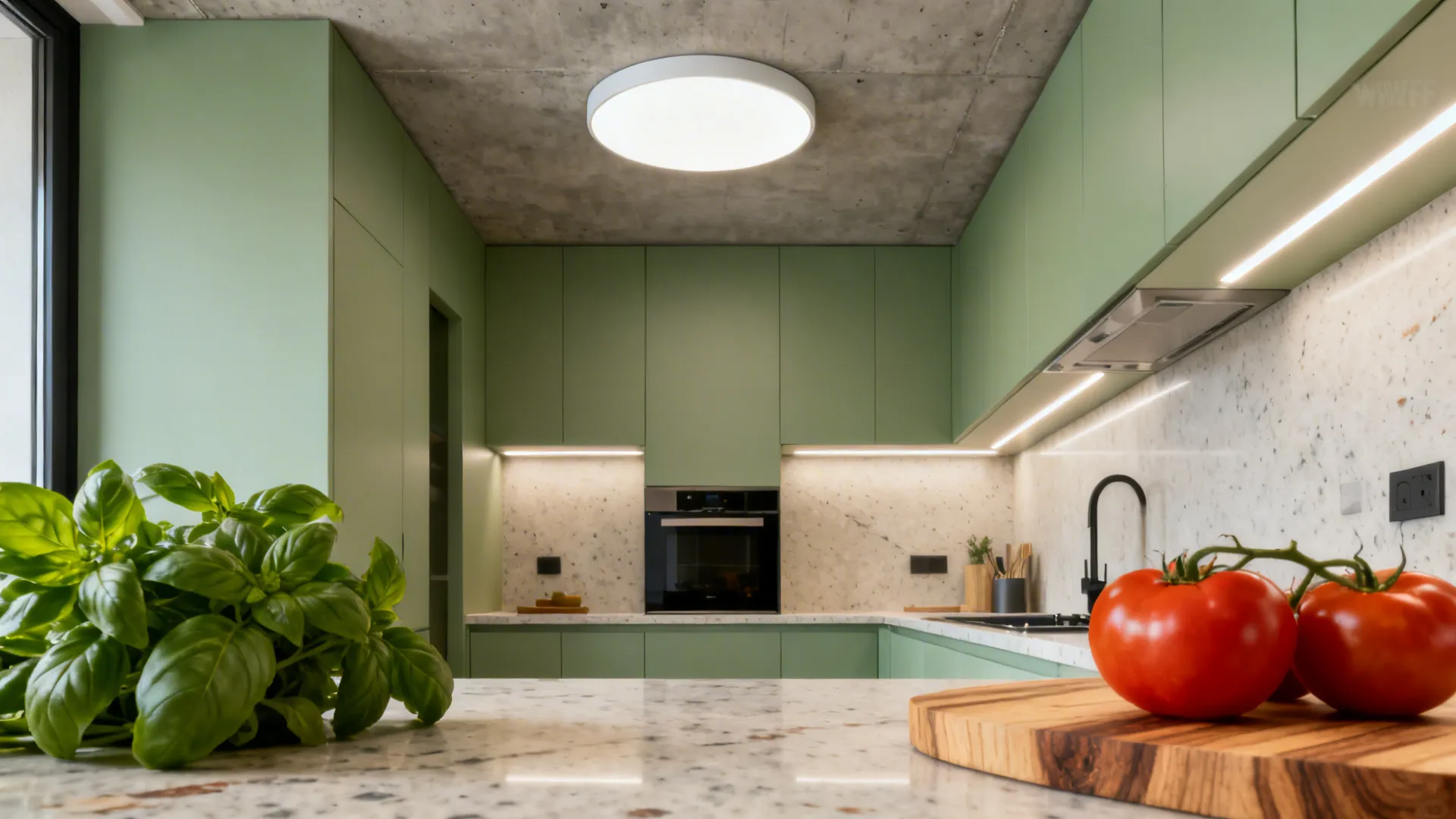 Slim LED flush mount brightening a compact condo kitchen with accurate, natural color.