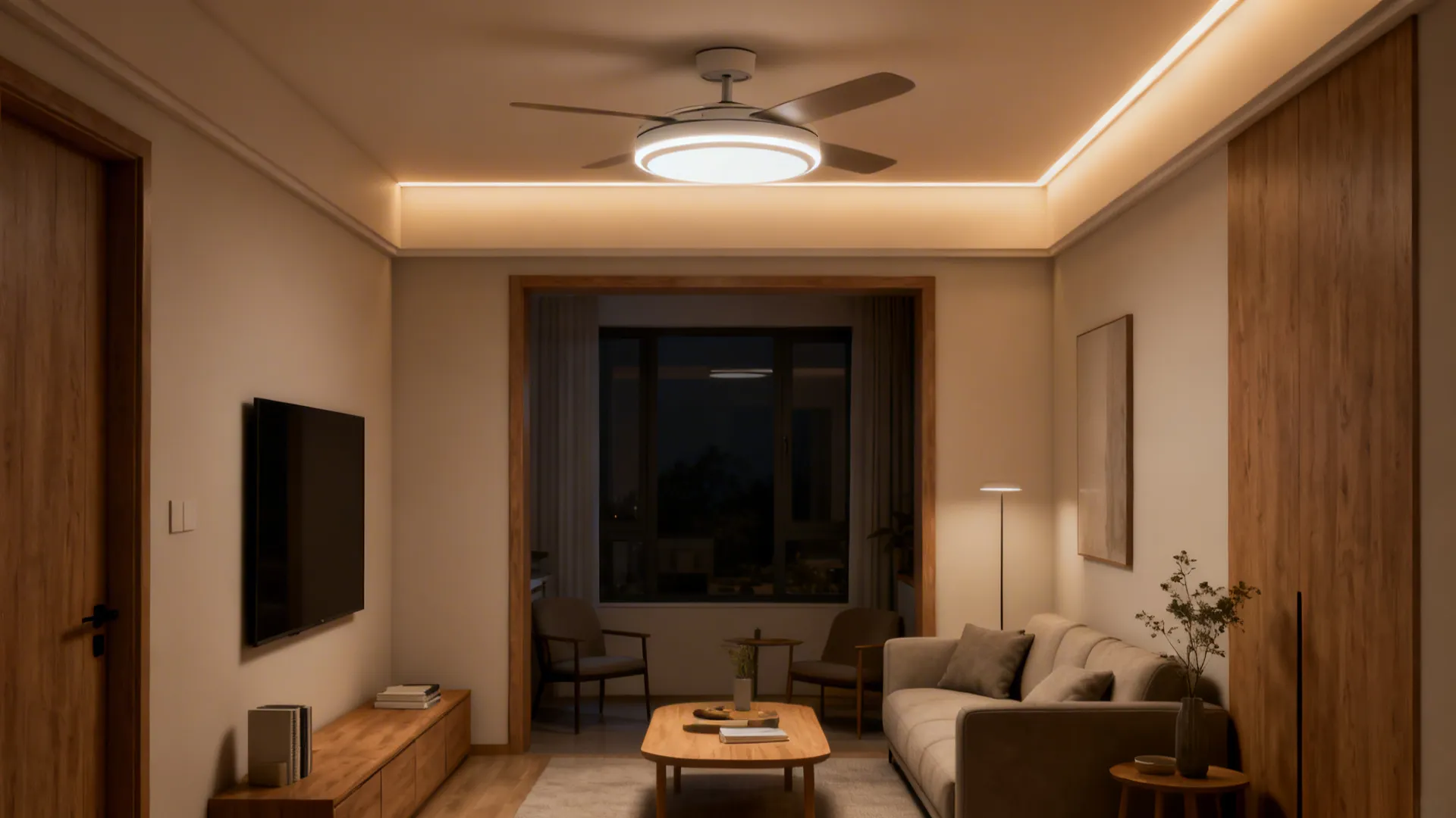 Modern living room with white ceiling fan light, grey sofa, wooden cabinet, and warm lighting