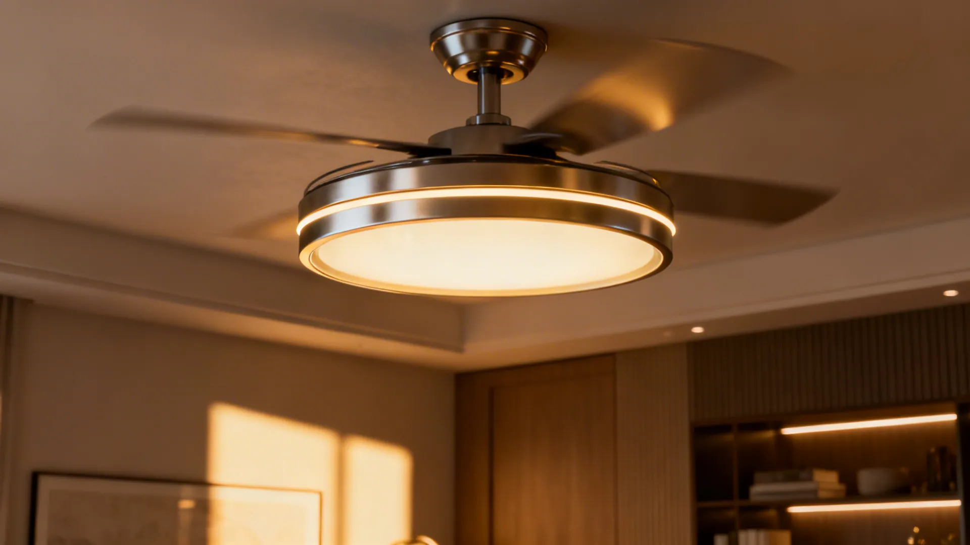 Modern ceiling fan with light installed on the ceiling of a warm and cozy bedroom