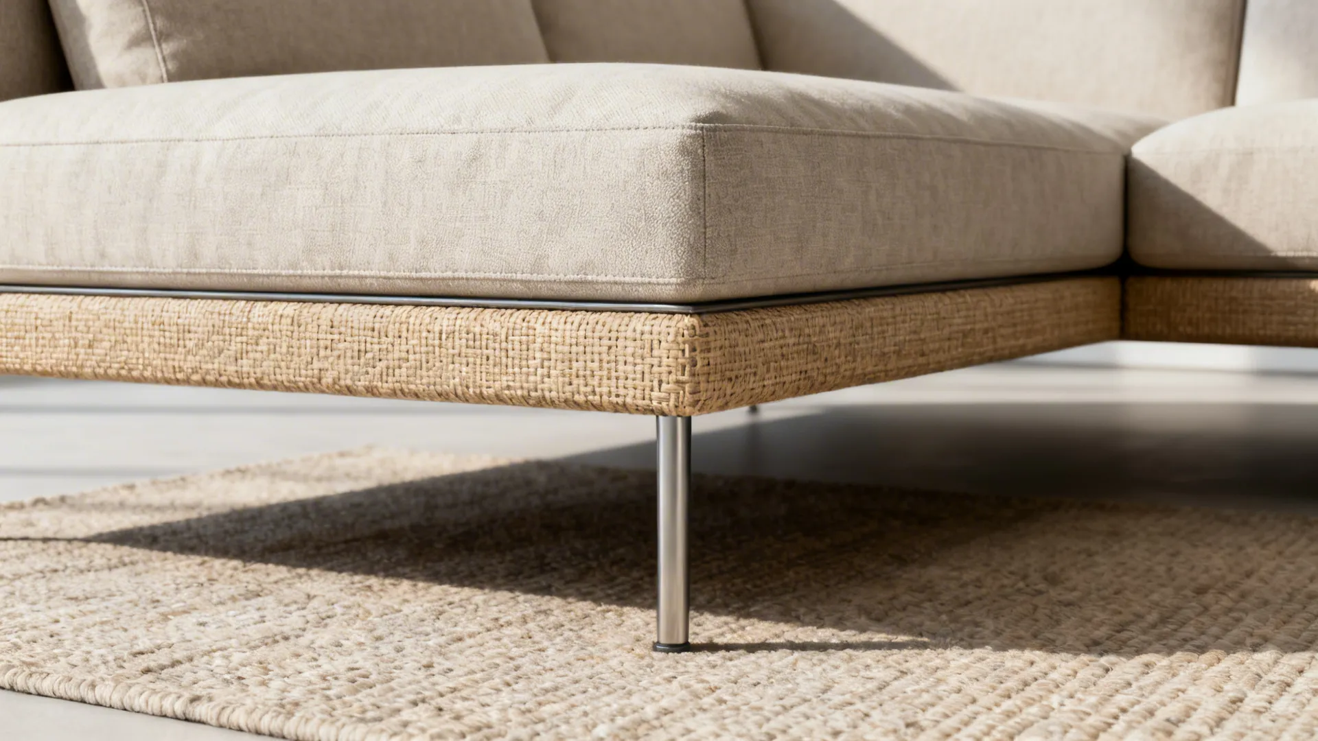 Macro of slim metal sofa leg and neutral rug showcasing light, airy clearance.