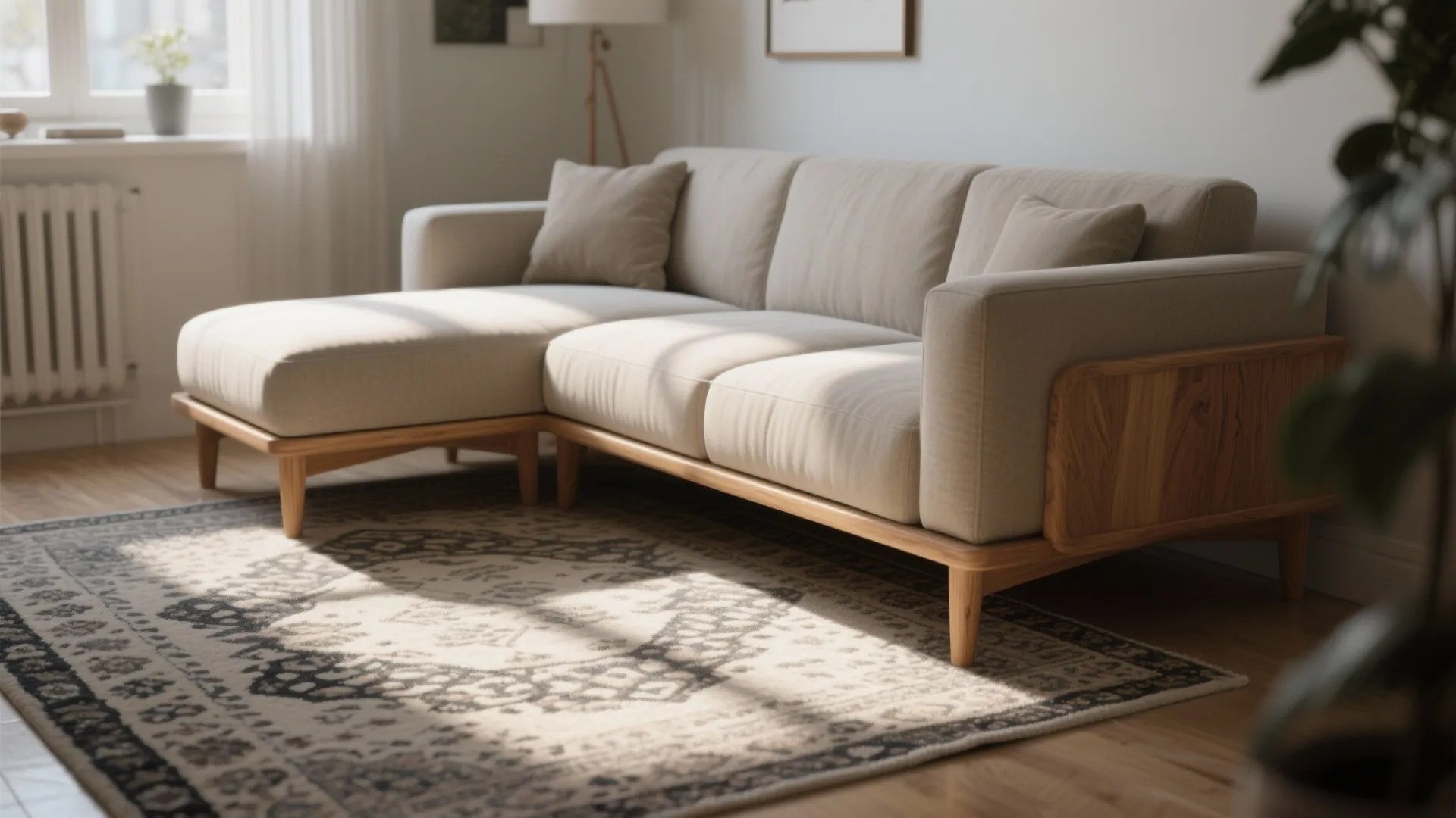 Beige sectional sofa with wooden frame and legs on a patterned rug in a sunny room