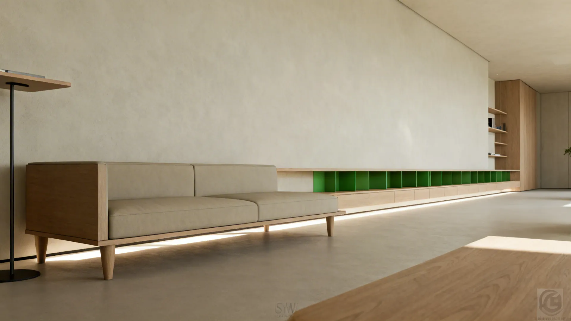 Modern living room with low beige sofa and long wall shelf including green storage units