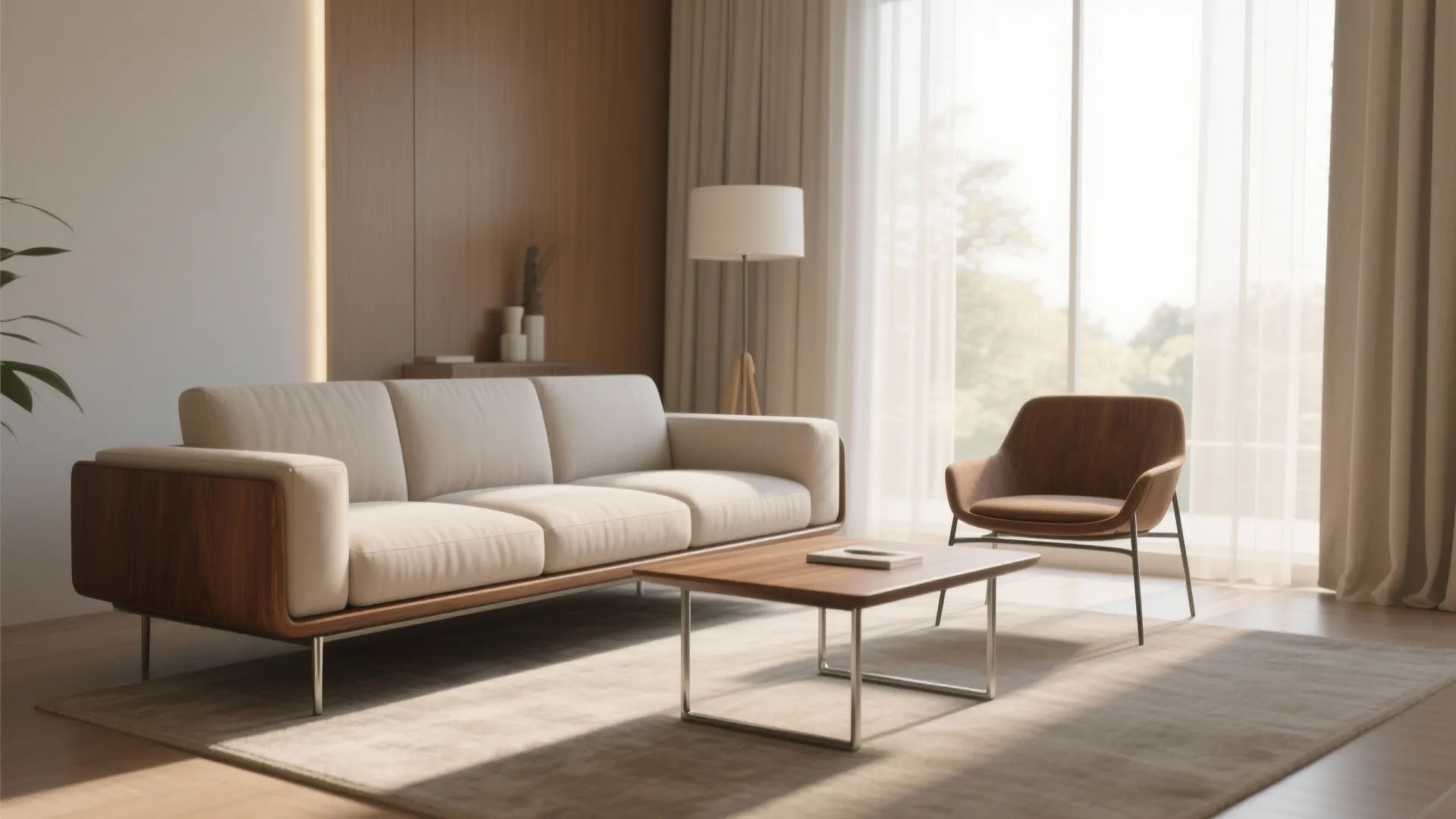 Modern living room with beige sofa wooden coffee table brown armchair floor lamp and curtains