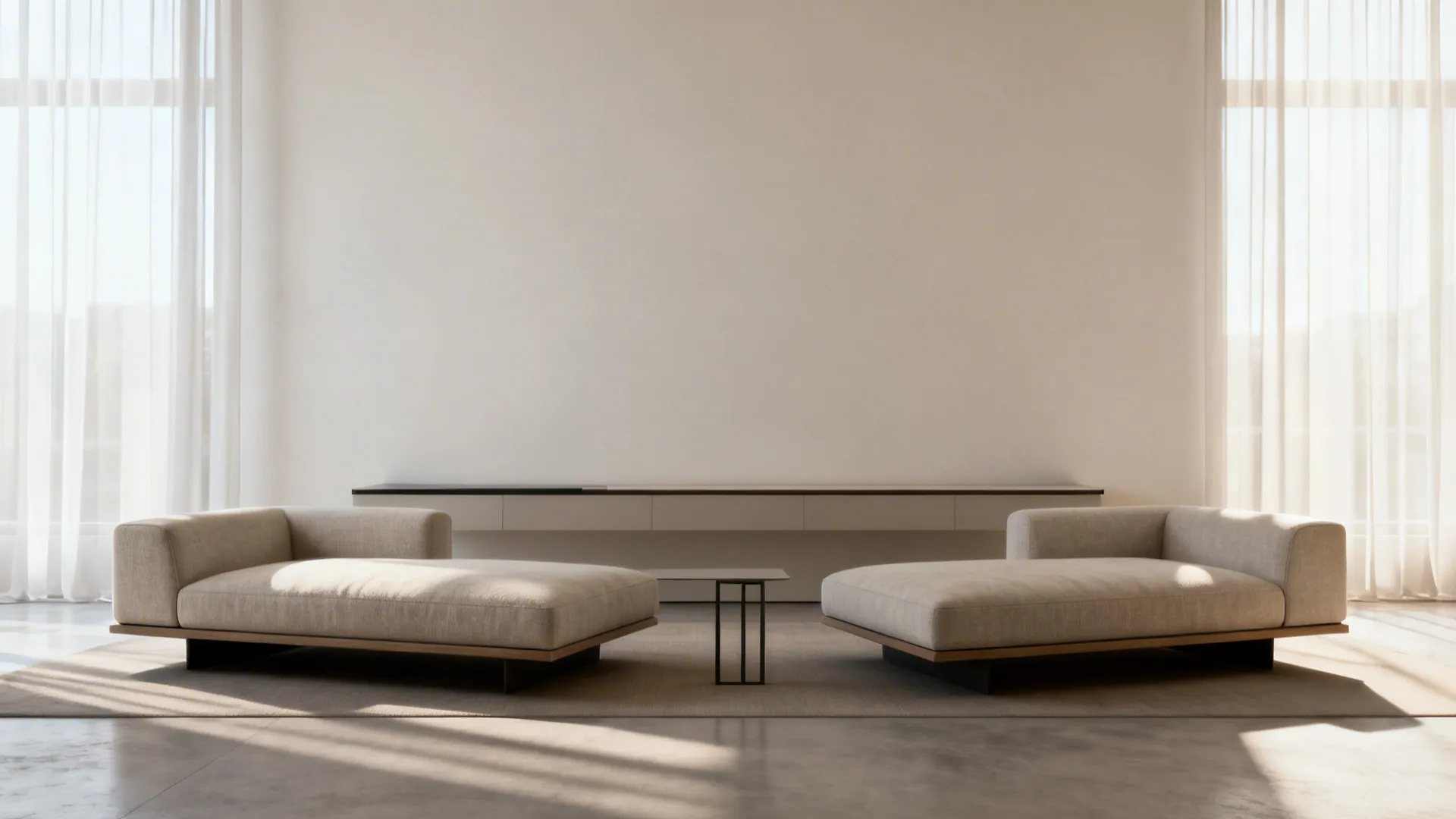 Minimal studio with two low-profile loungers and a slim console, creating open sightlines.