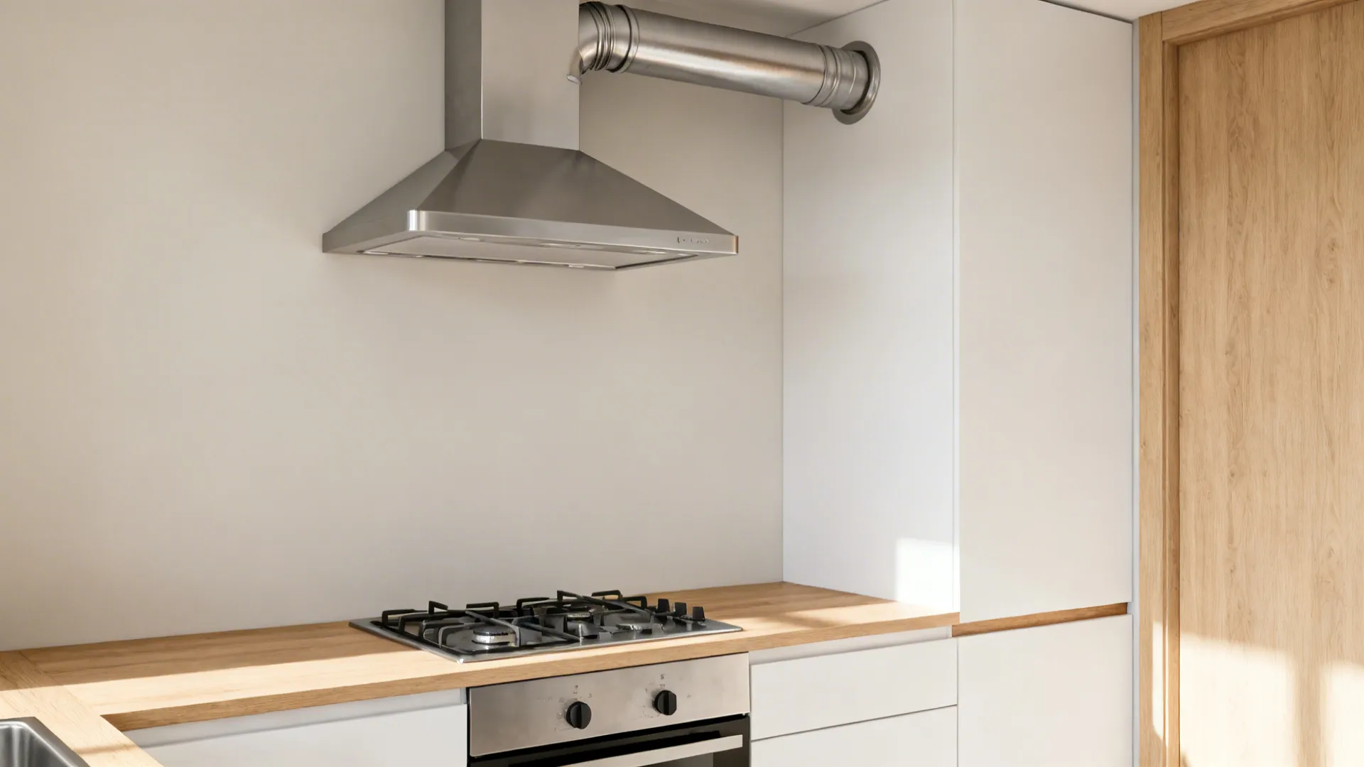 Low-profile side-exhaust chimney above an L-shaped counter