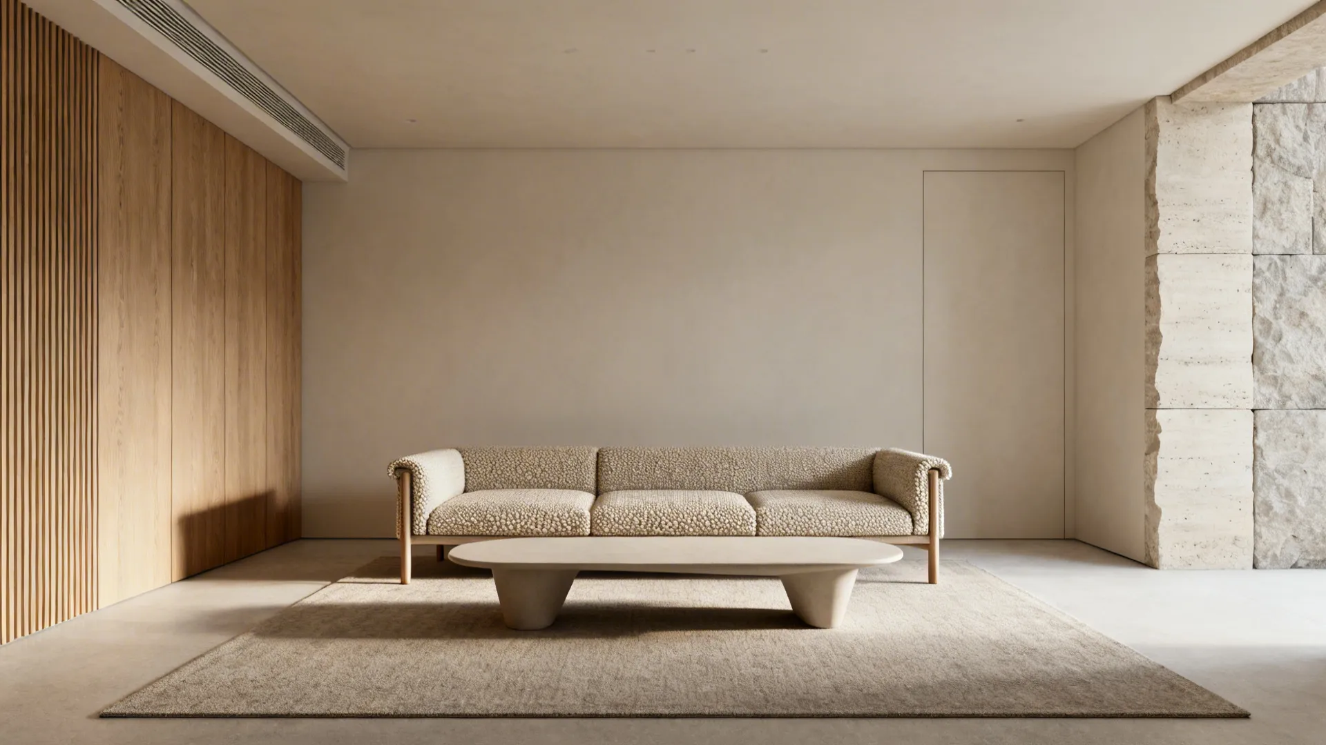 Low-profile textured L-shaped couch with sculptural coffee table in a minimal living room.