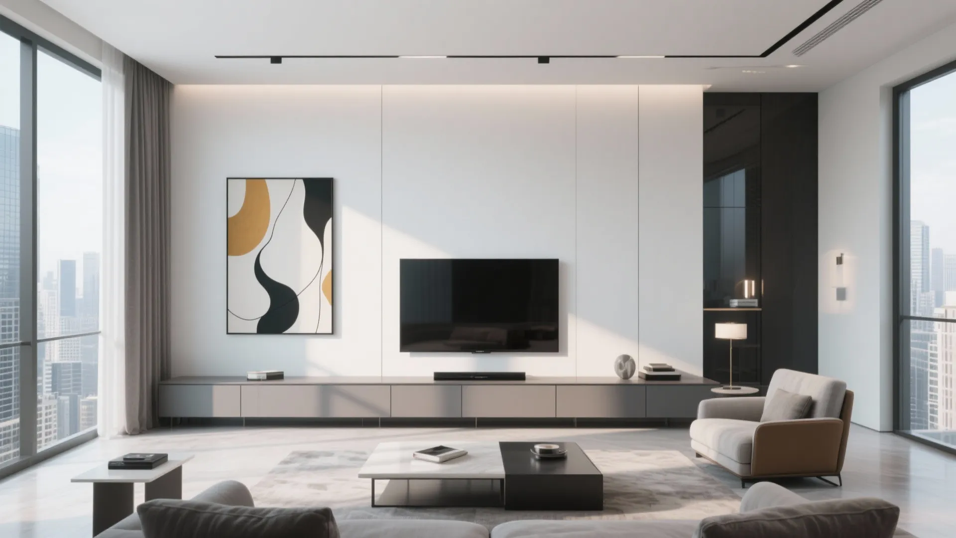 Modern living room with a long low-profile media console