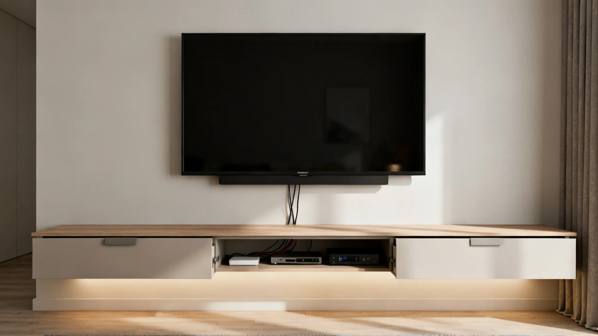 Wall mounted television above floating cabinet with wood top and warm light under white drawers