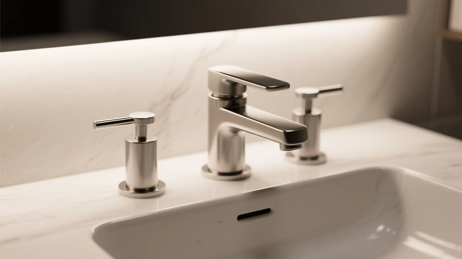 Close-up of a low-profile brushed nickel 3-hole faucet on a compact vanity, showing slim spout and handles.