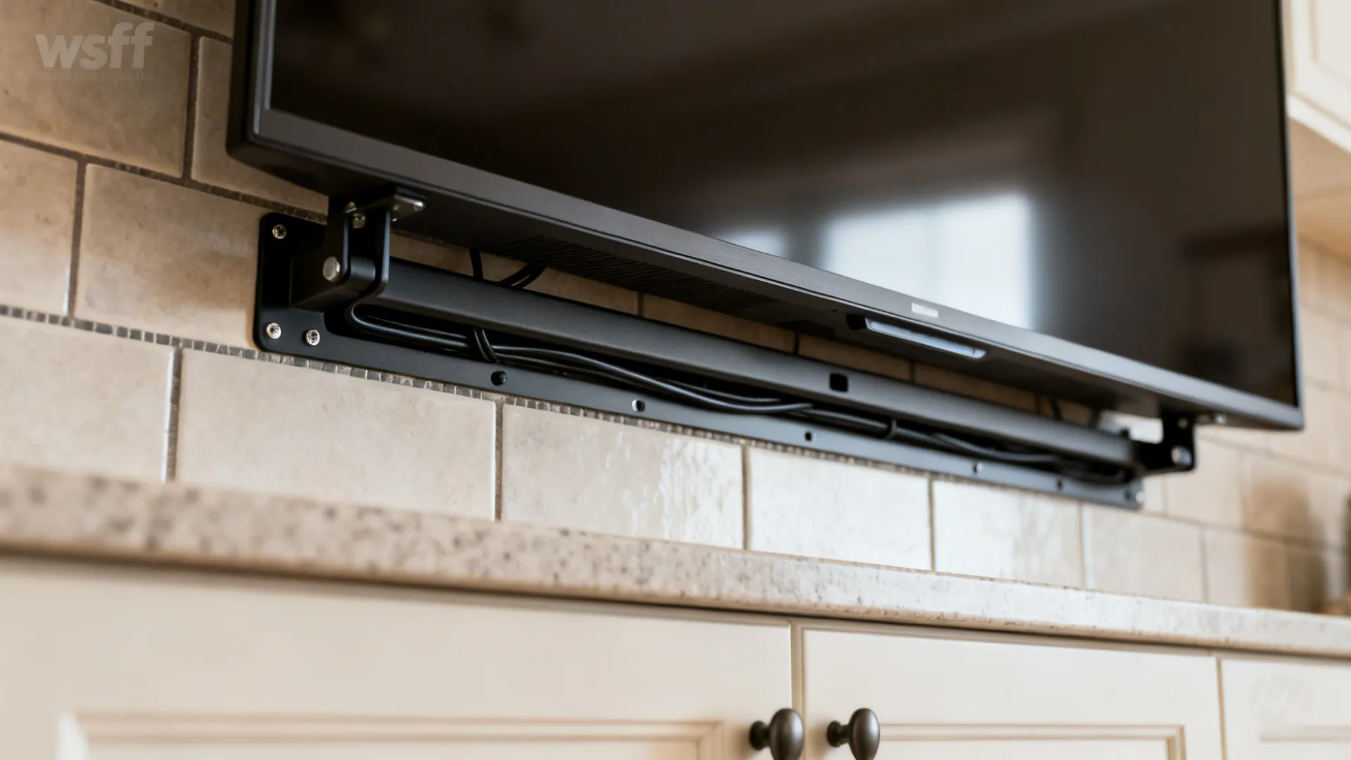 Macro showing the slim TV bracket and cable channel above a tile backsplash.