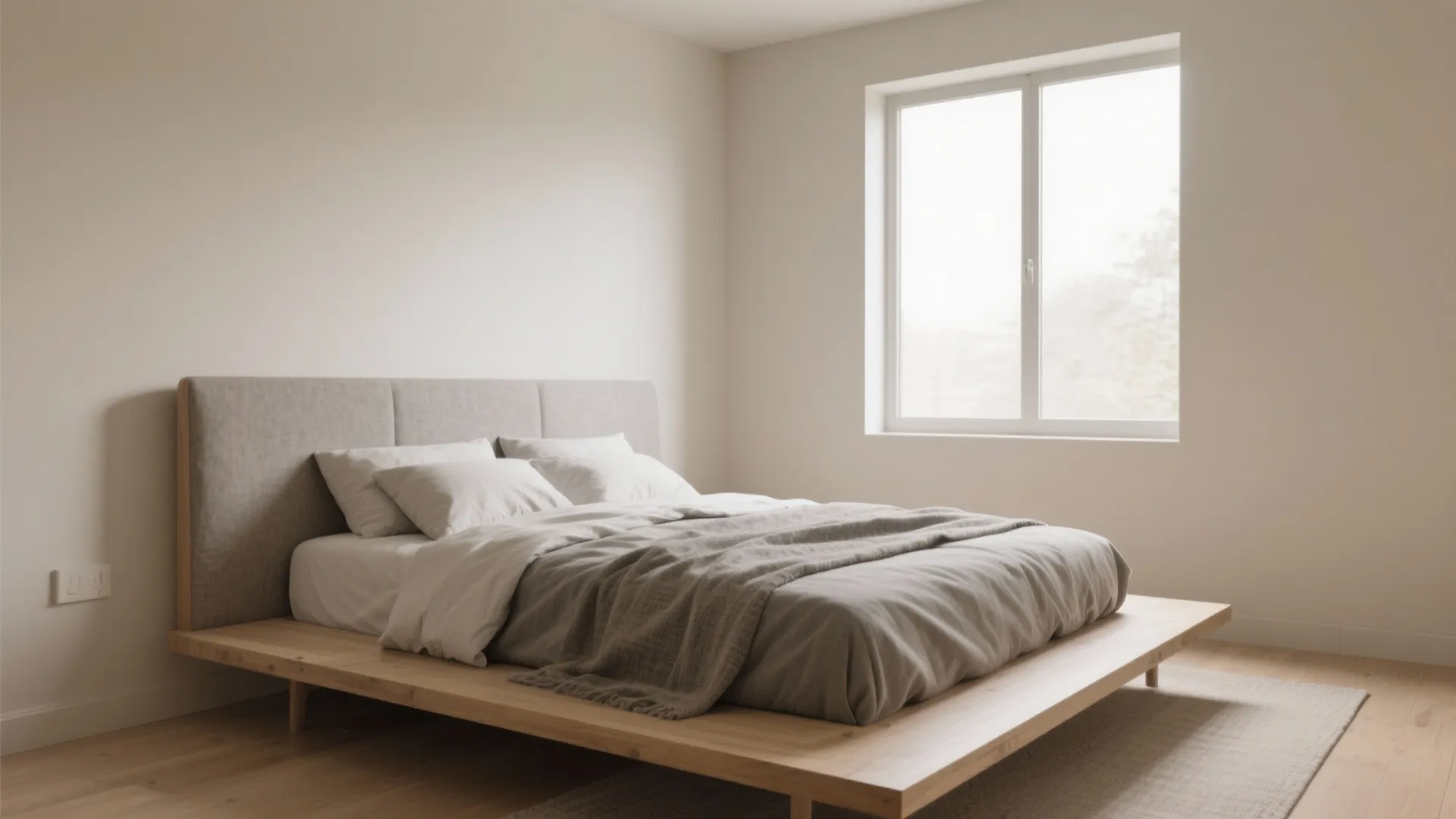 Low platform bed in warm neutrals with layered textures and clear sightlines.