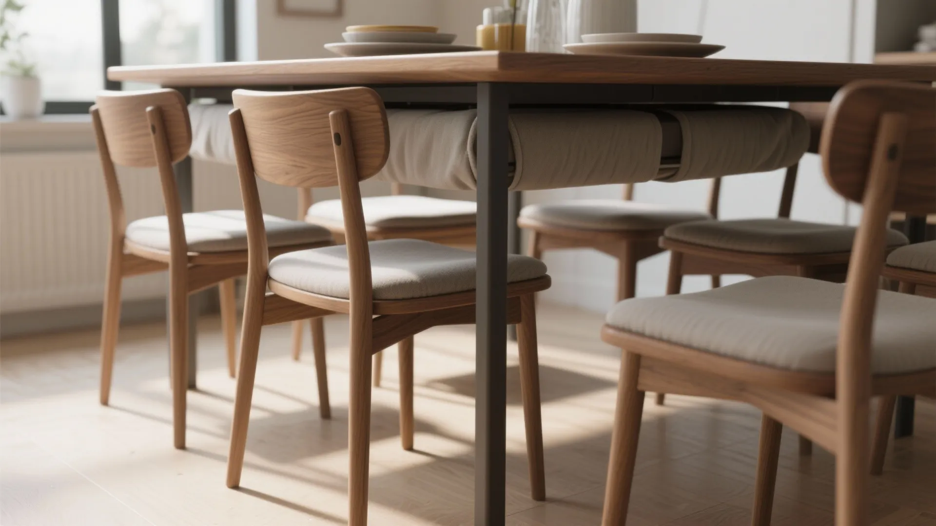 Wooden dining table and chairs with thin seat pads in a bright modern dining room