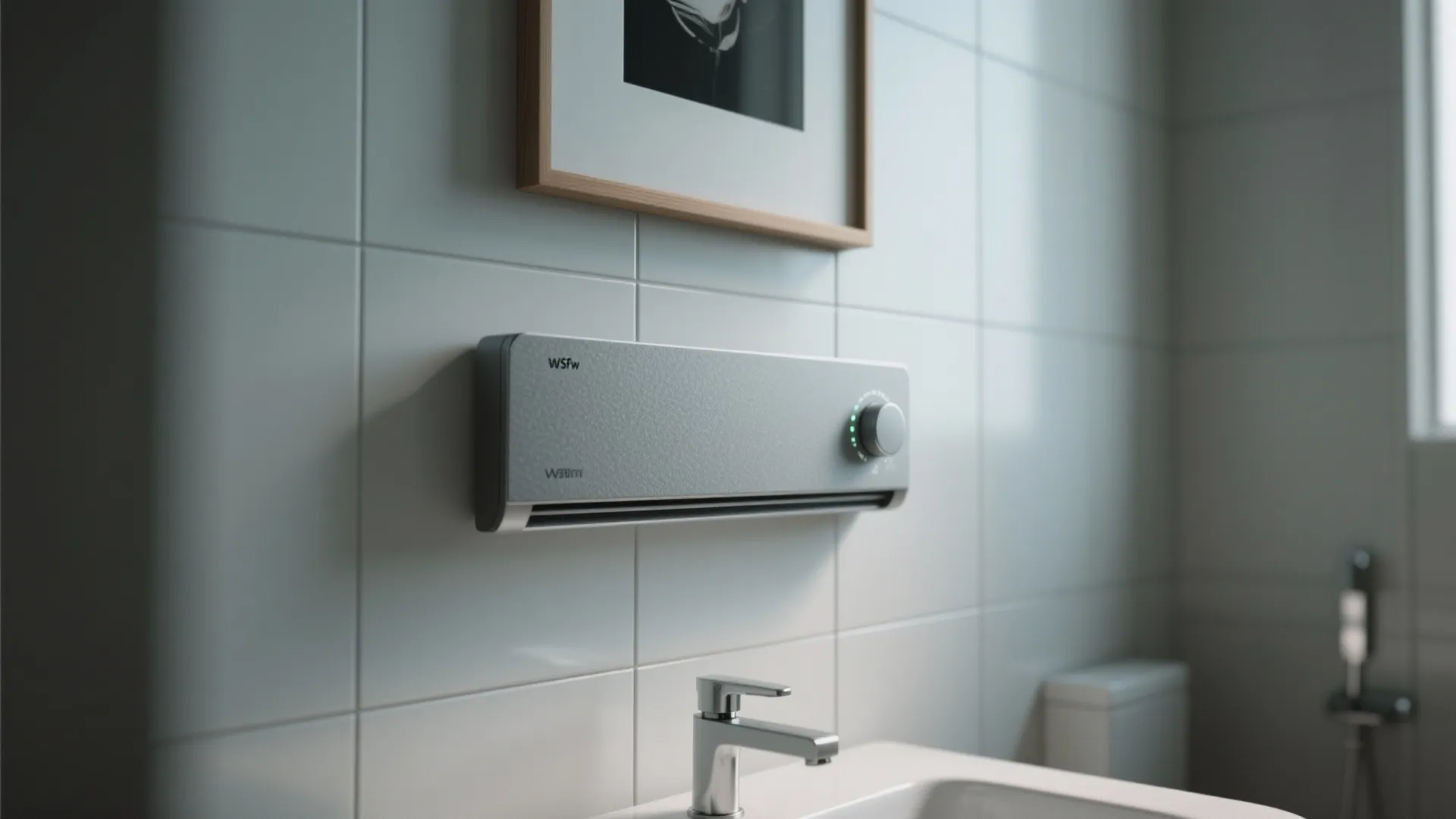 Modern grey wall heater mounted on white tiles above bathroom sink with a silver metal faucet
