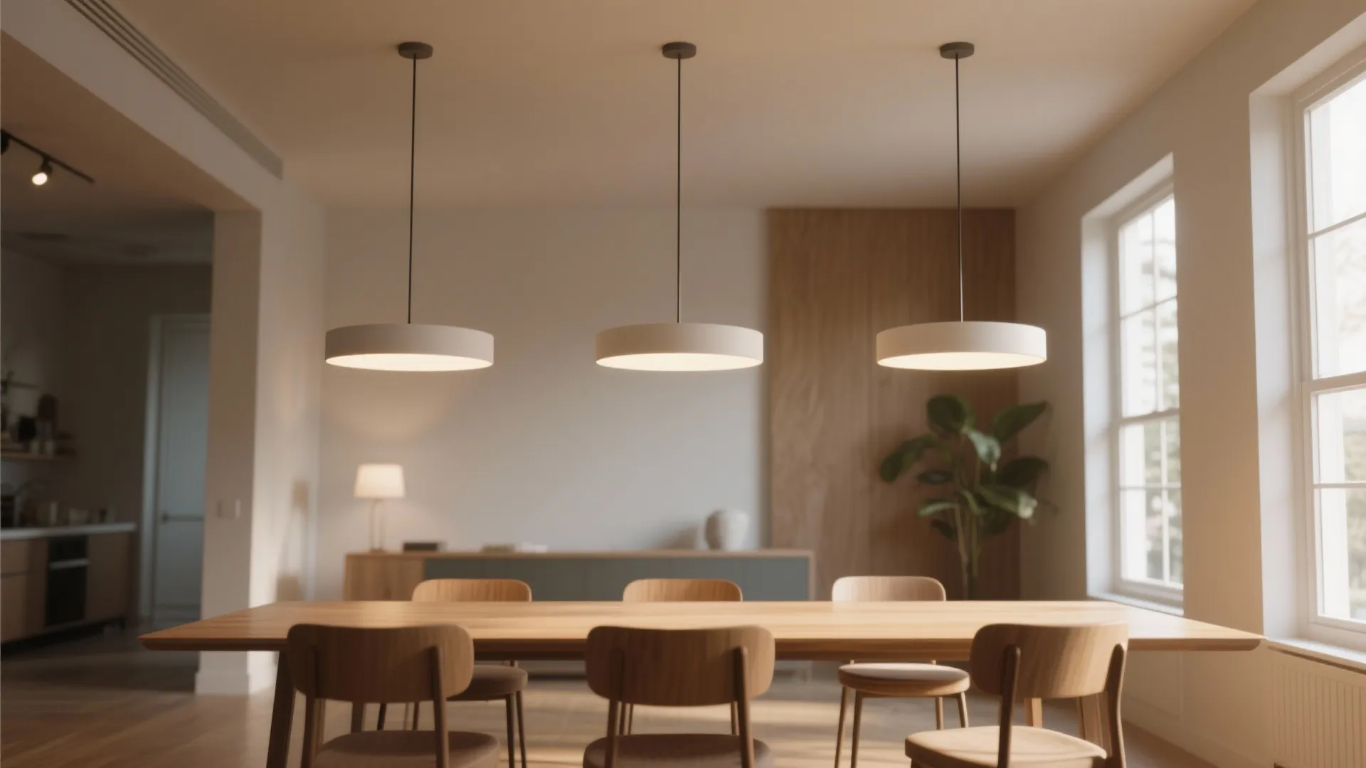 Dining table with three low-profile pendant lights in warm glow