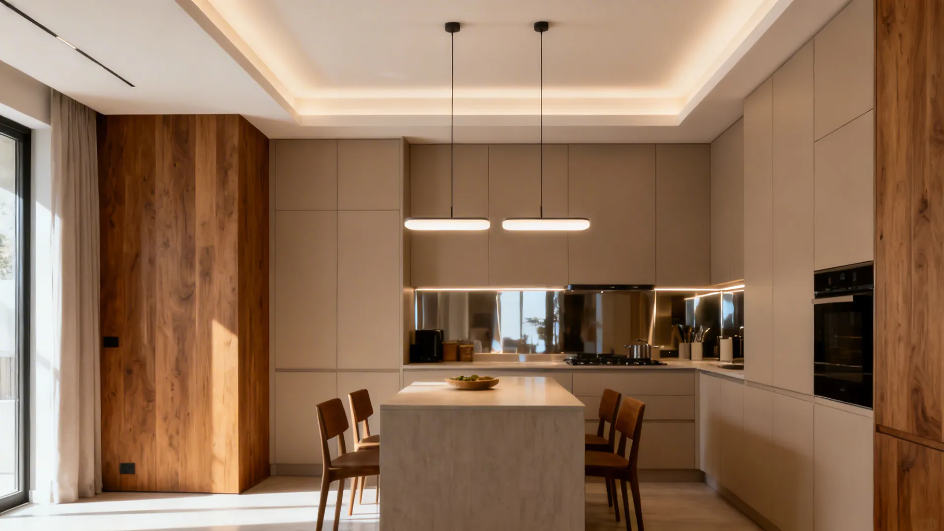 Low-profile opal glass pendants over a peninsula with clean ceiling and layered task lighting.