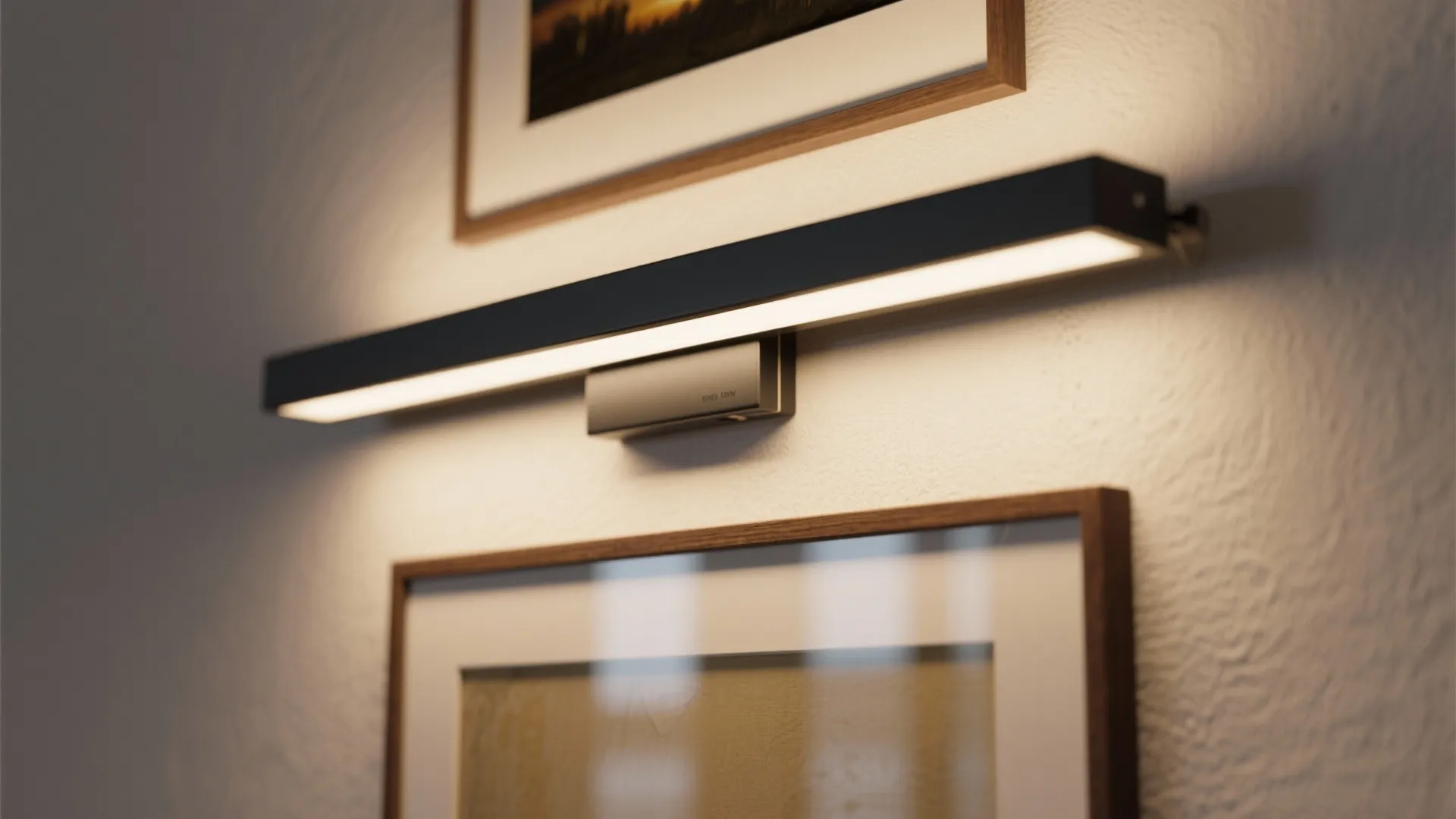 Modern black wall light mounted above framed art to provide warm illumination for home decor