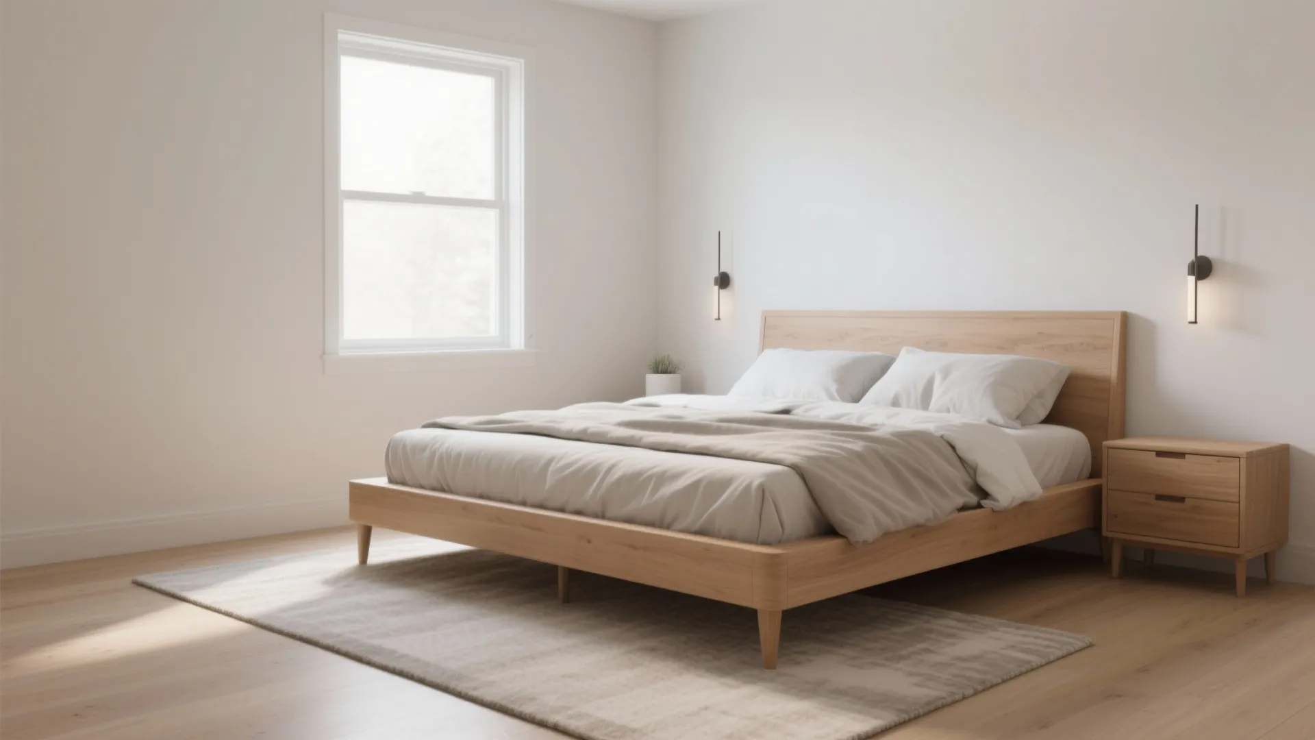 Modern wooden bed with white bedding and two wall lights in a bright bedroom scene