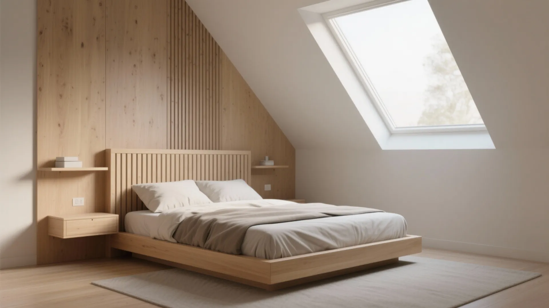 Minimalist wooden bed frame in attic bedroom with roof window, wood wall panel, and rug