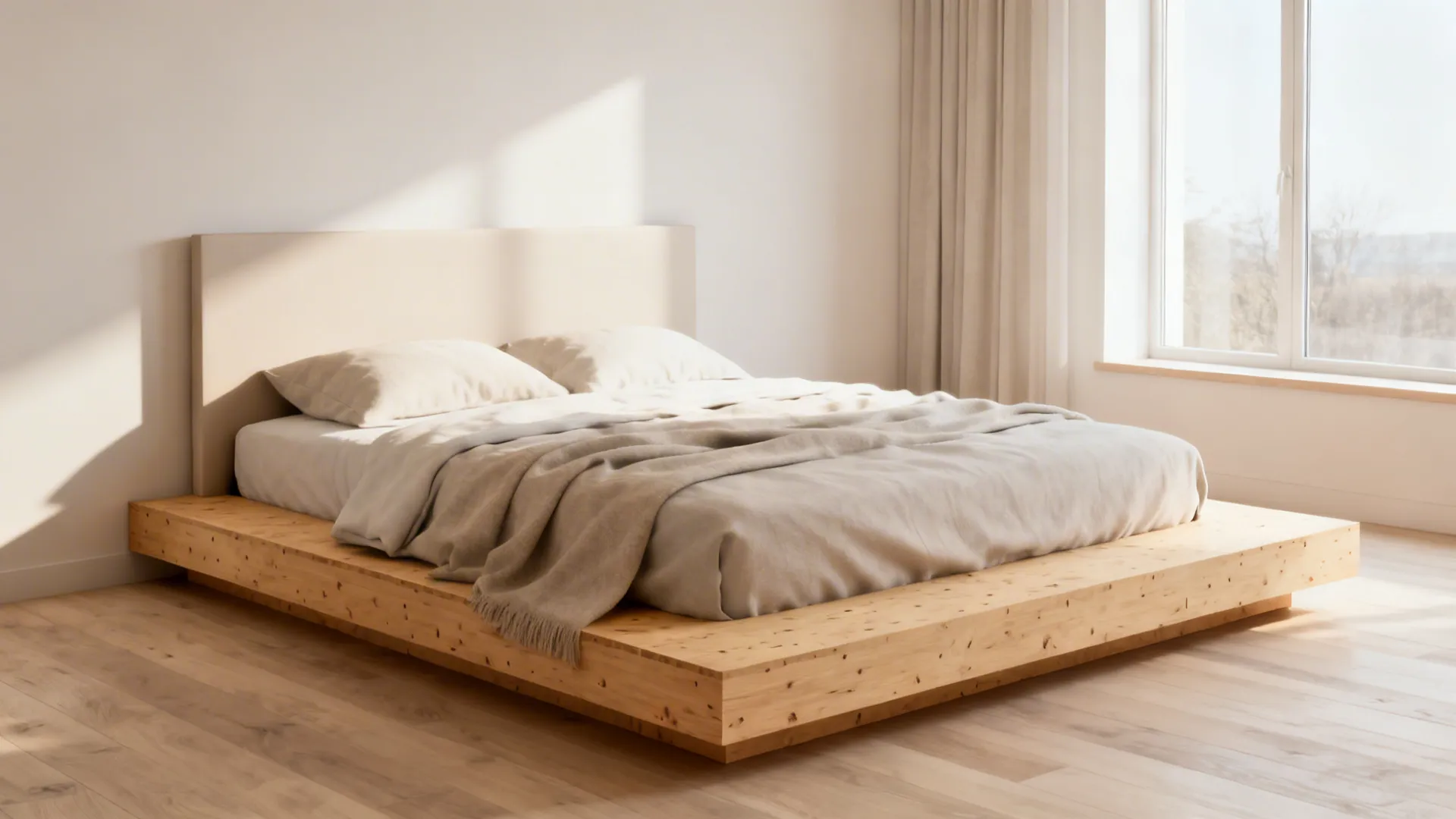 Low-profile plywood platform king bed in a small airy bedroom