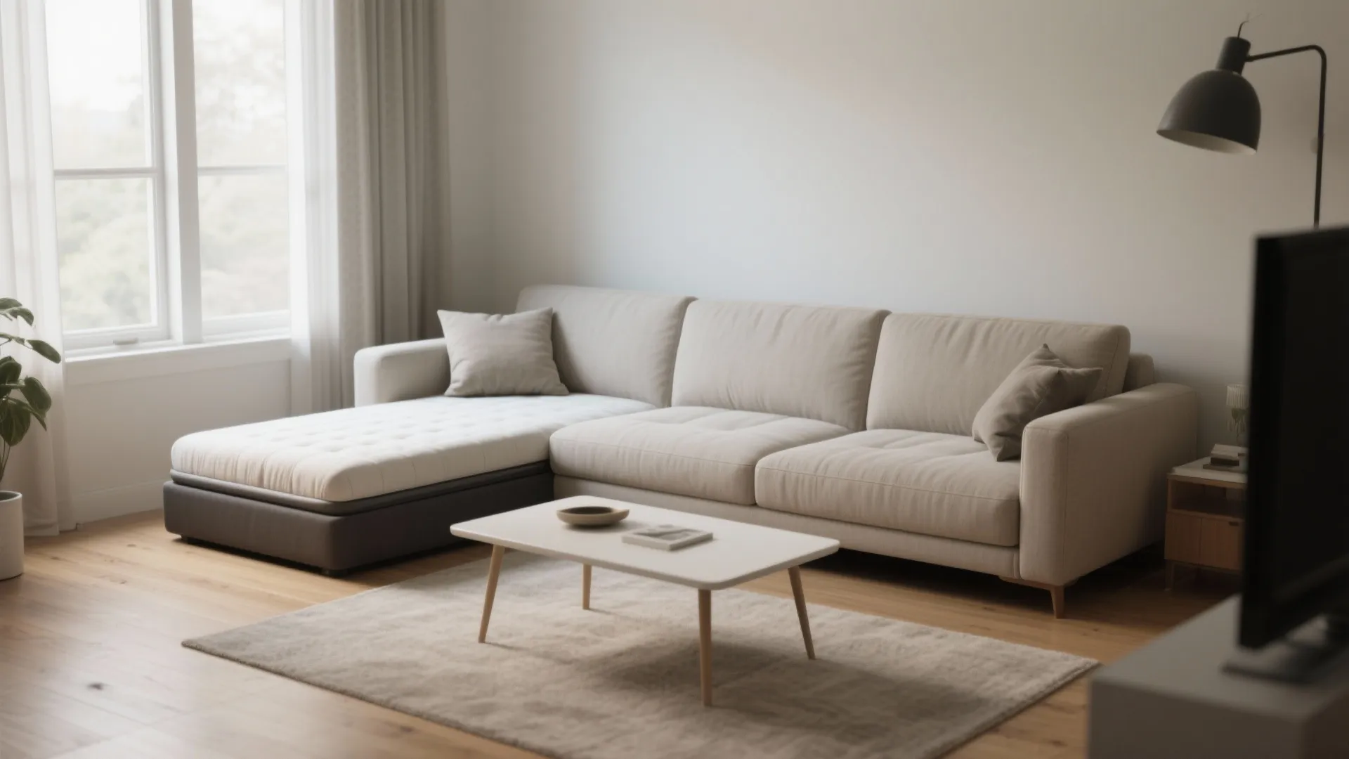 Neutral living room with beige sofa white coffee table floor lamp and soft gray area rug