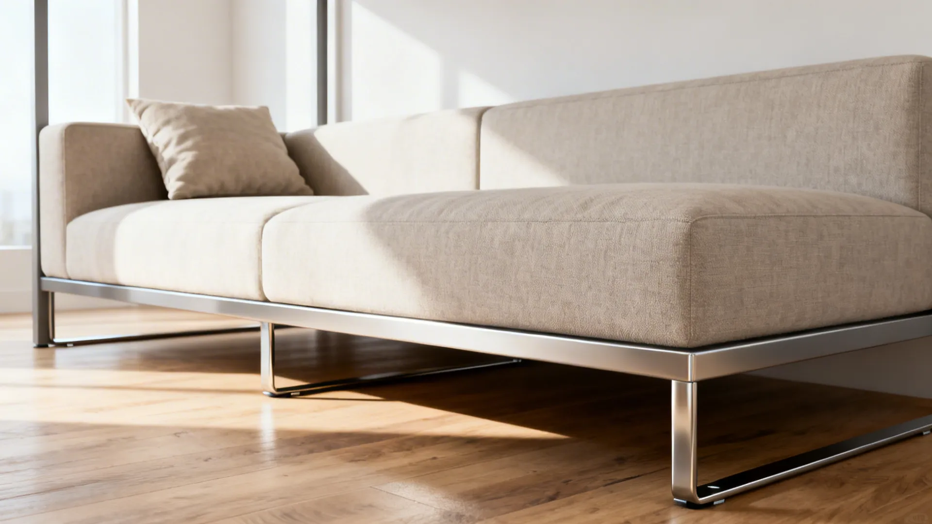 Low-profile sofa with raised legs creating a floating effect in a compact loft.