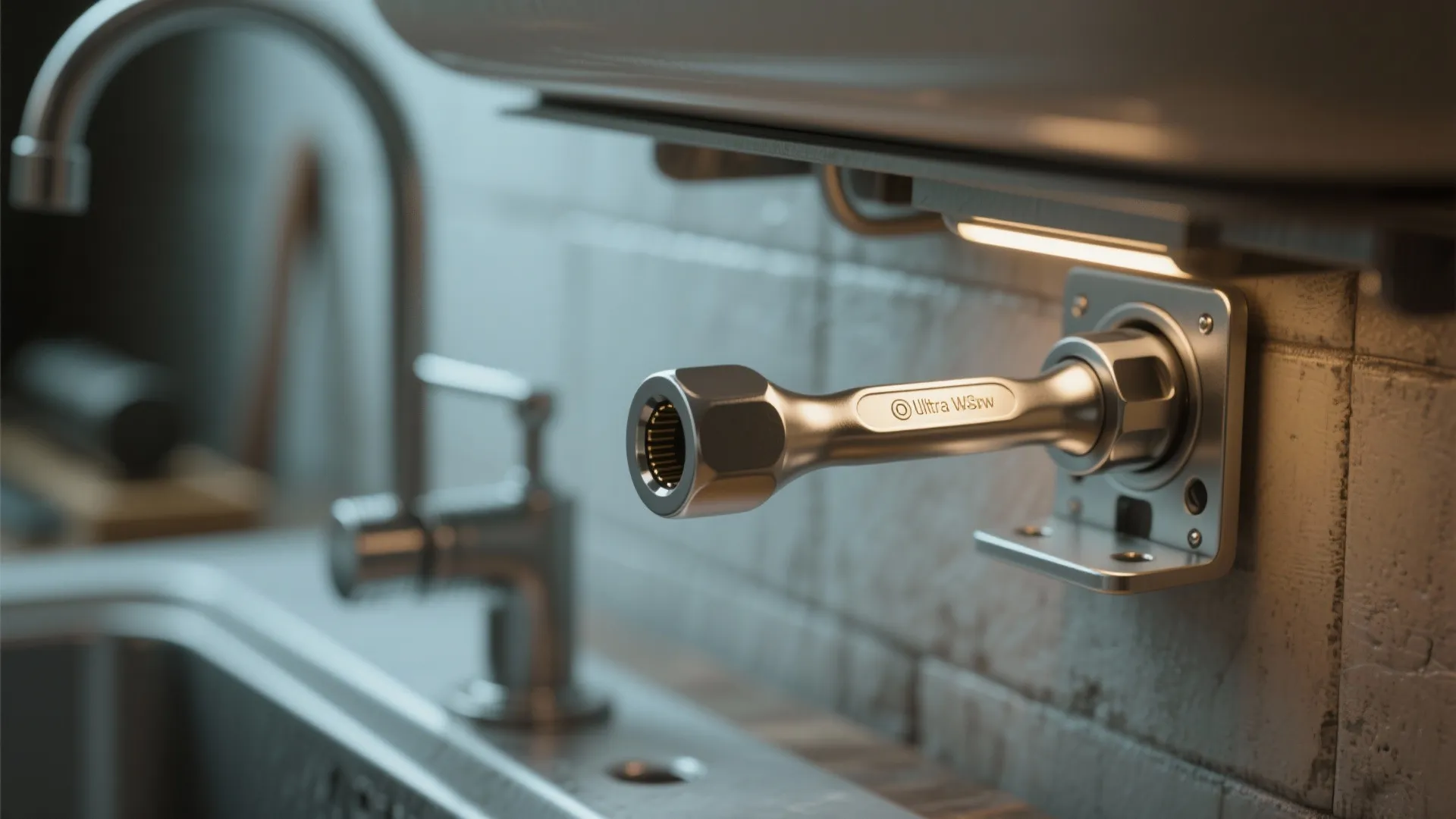 Silver metal tool attached to a wall bracket near a kitchen faucet and white sink