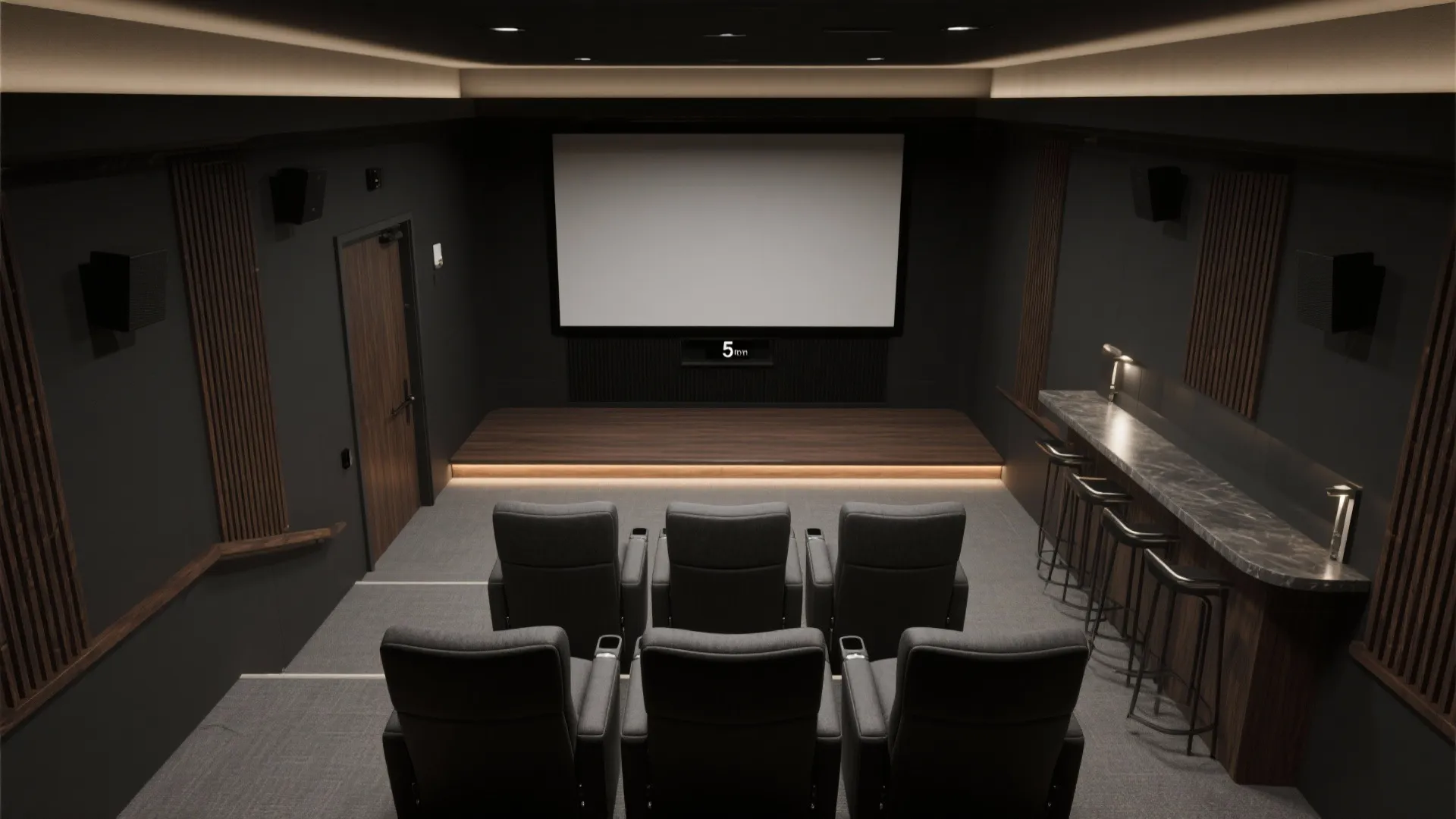High angle view of a home theater with two rows of black seats and screen