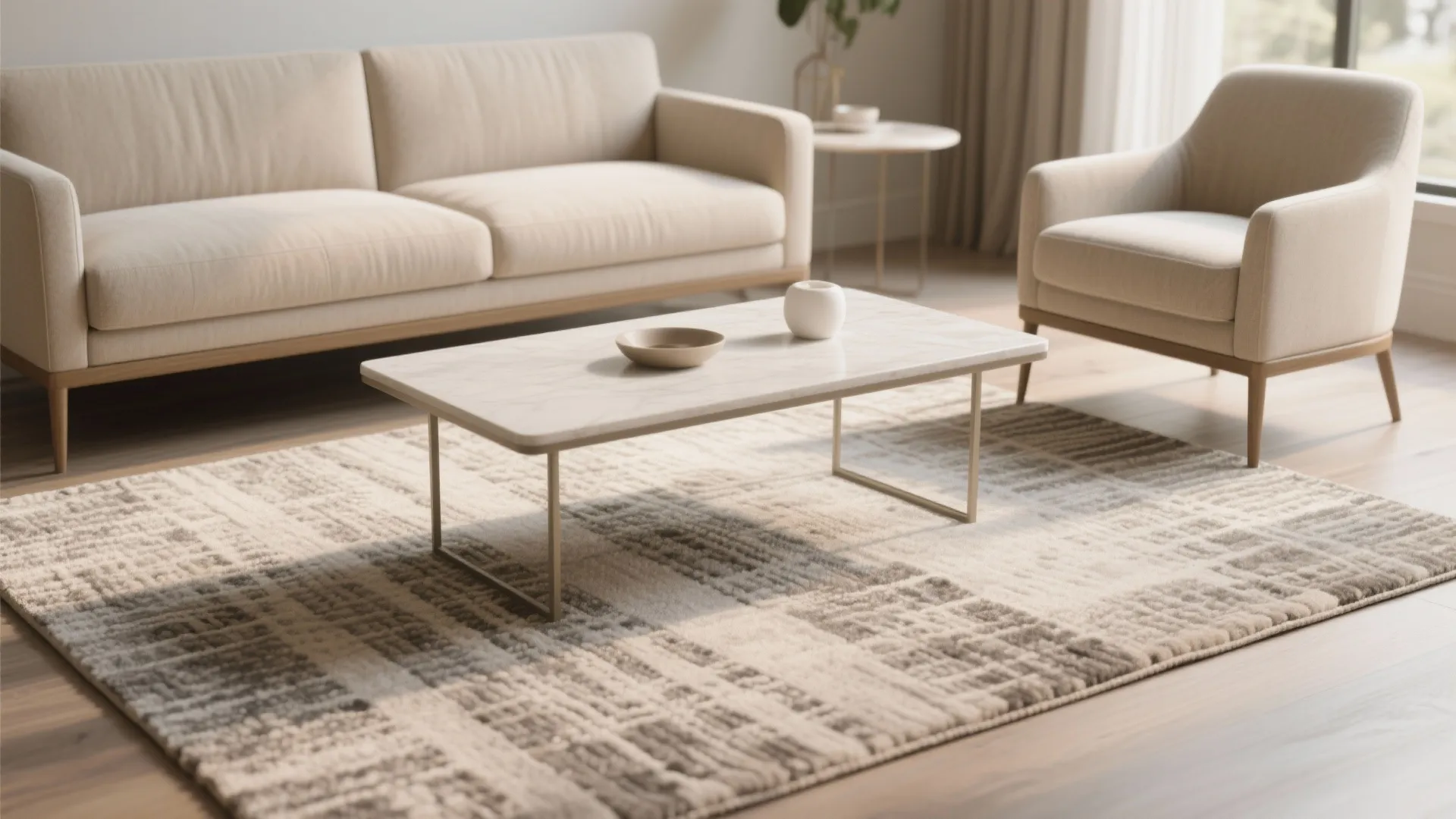 Low-profile rug anchoring loveseat and slim floating coffee table in a compact living area
