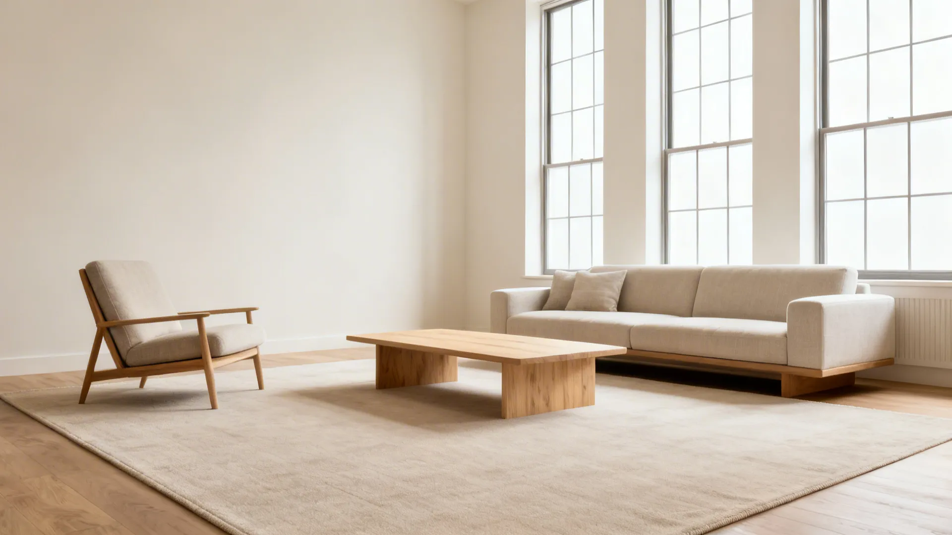 Low-profile seating and a large neutral rug