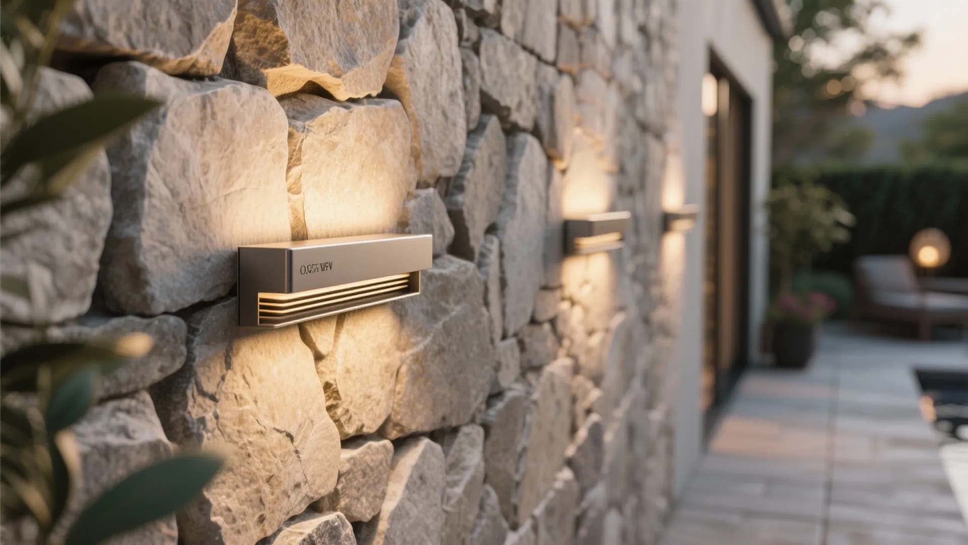 Close-up of low-profile wall sconces casting a warm wash on stone.