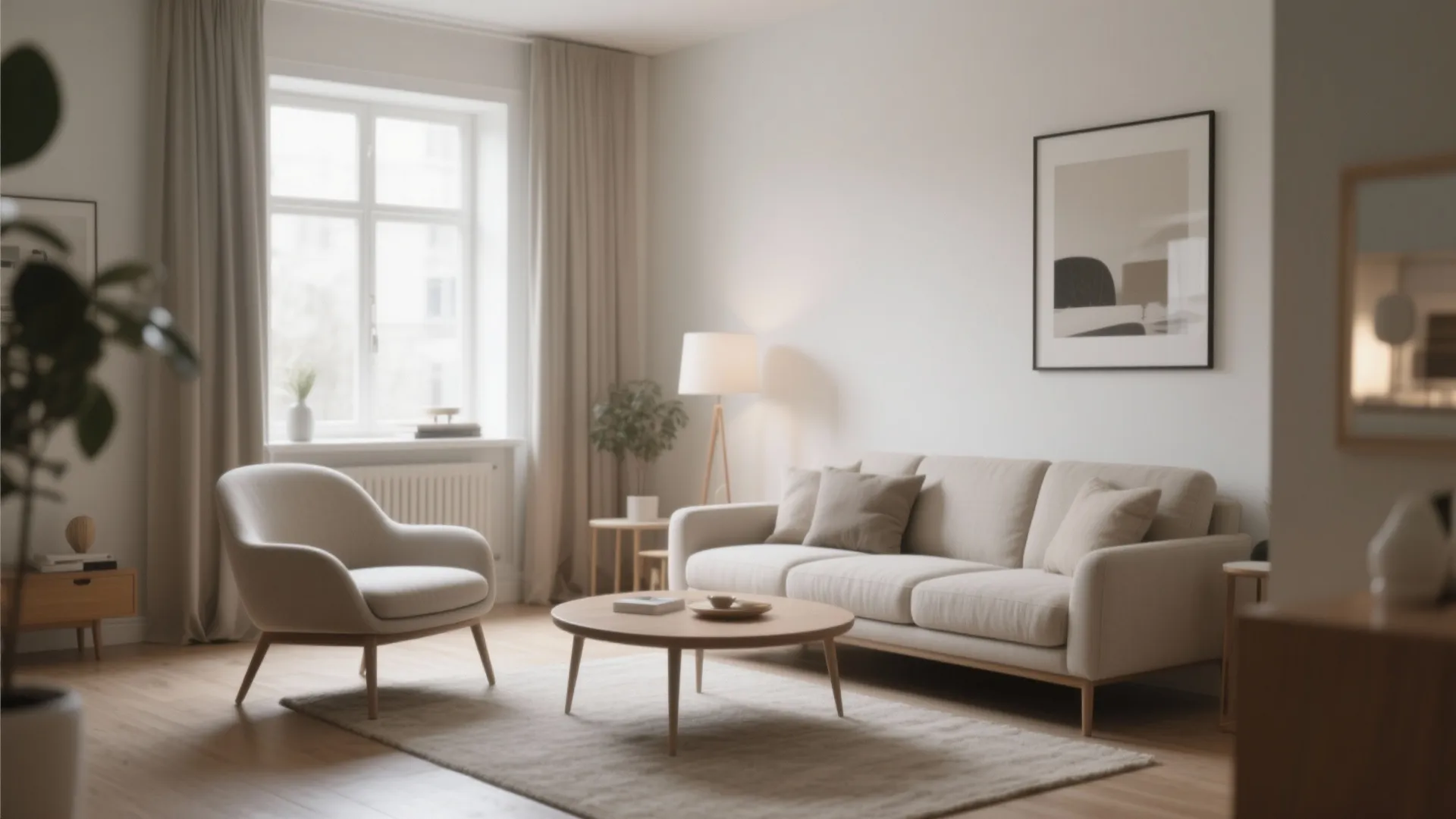 Cozy modern living room with beige sofa armchair round wooden table framed art and floor lamp