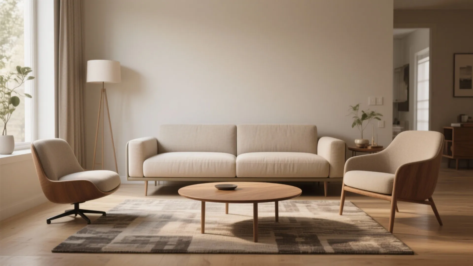 Modern living room with a beige sofa two chairs a round wooden table and rug