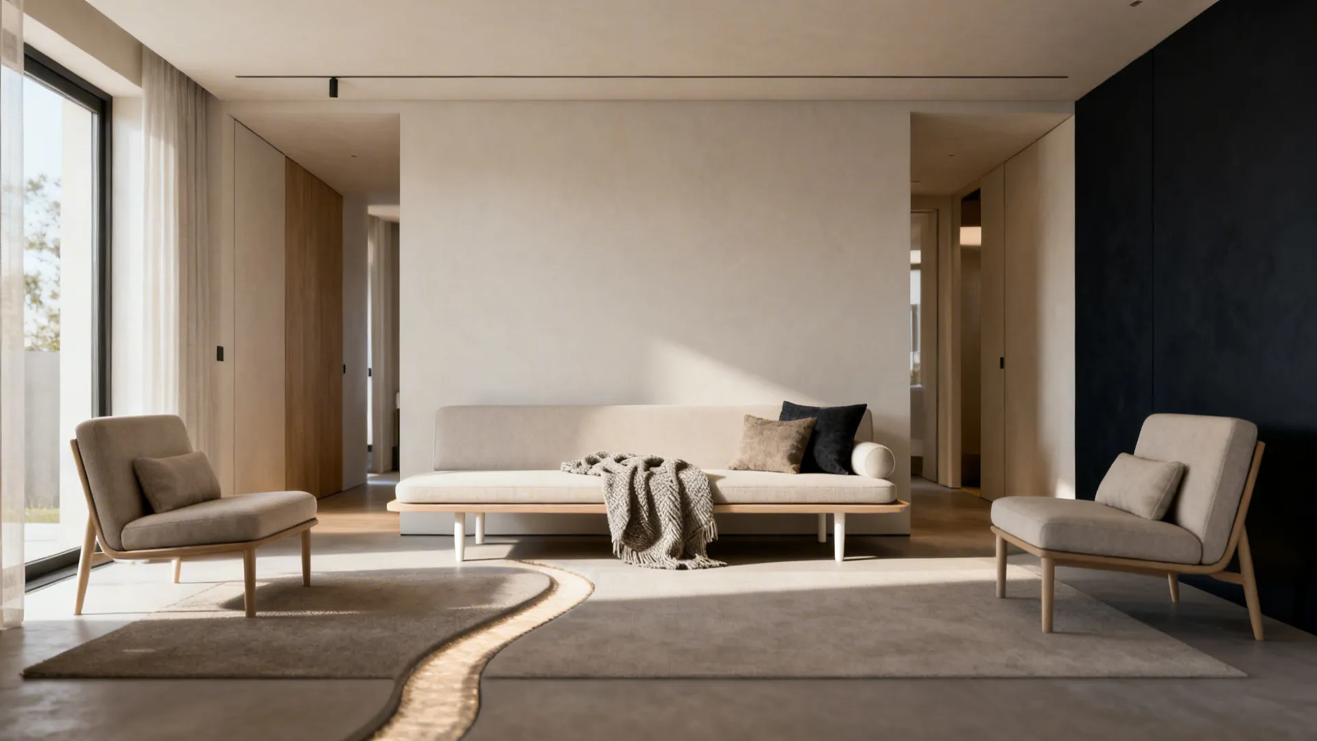 Slim loveseat with exposed legs and armless chairs creating open sightlines in a small living room.