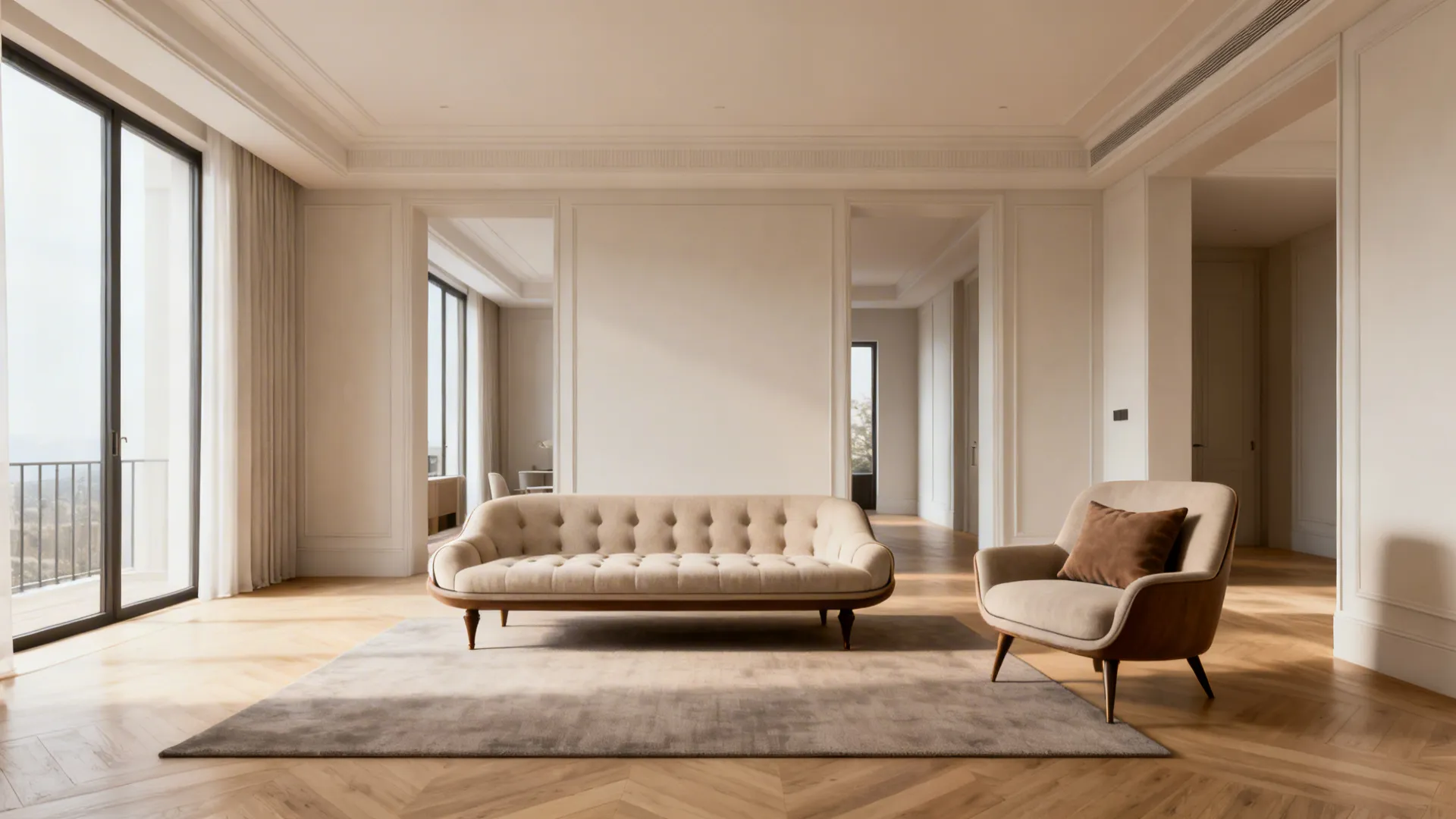 Low-profile tufted sofa with saber legs and compact armchair opening sightlines in a small living room.