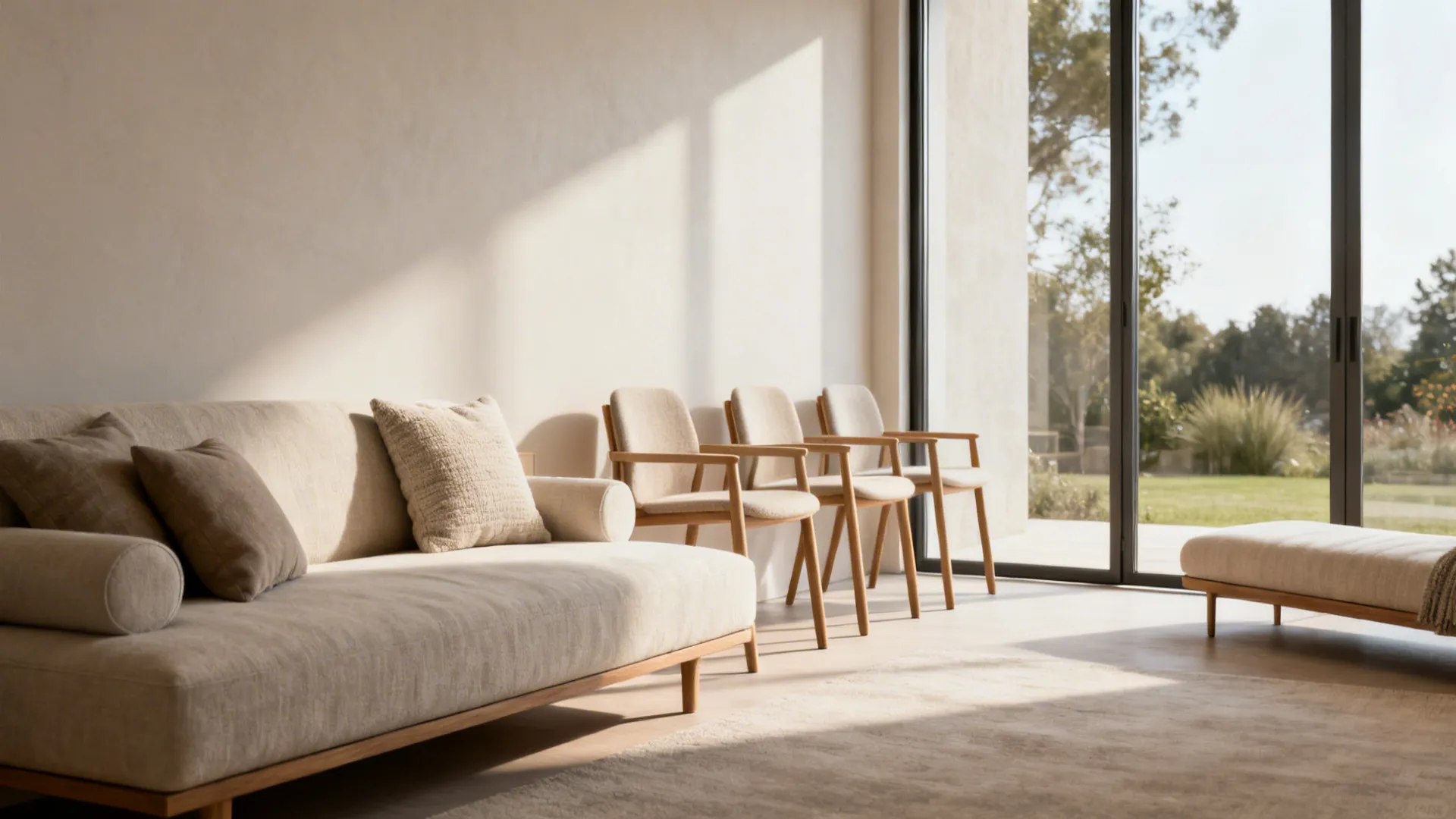 Small living room with low sofa and slim-legged chairs aligned parallel to a sliding glass door