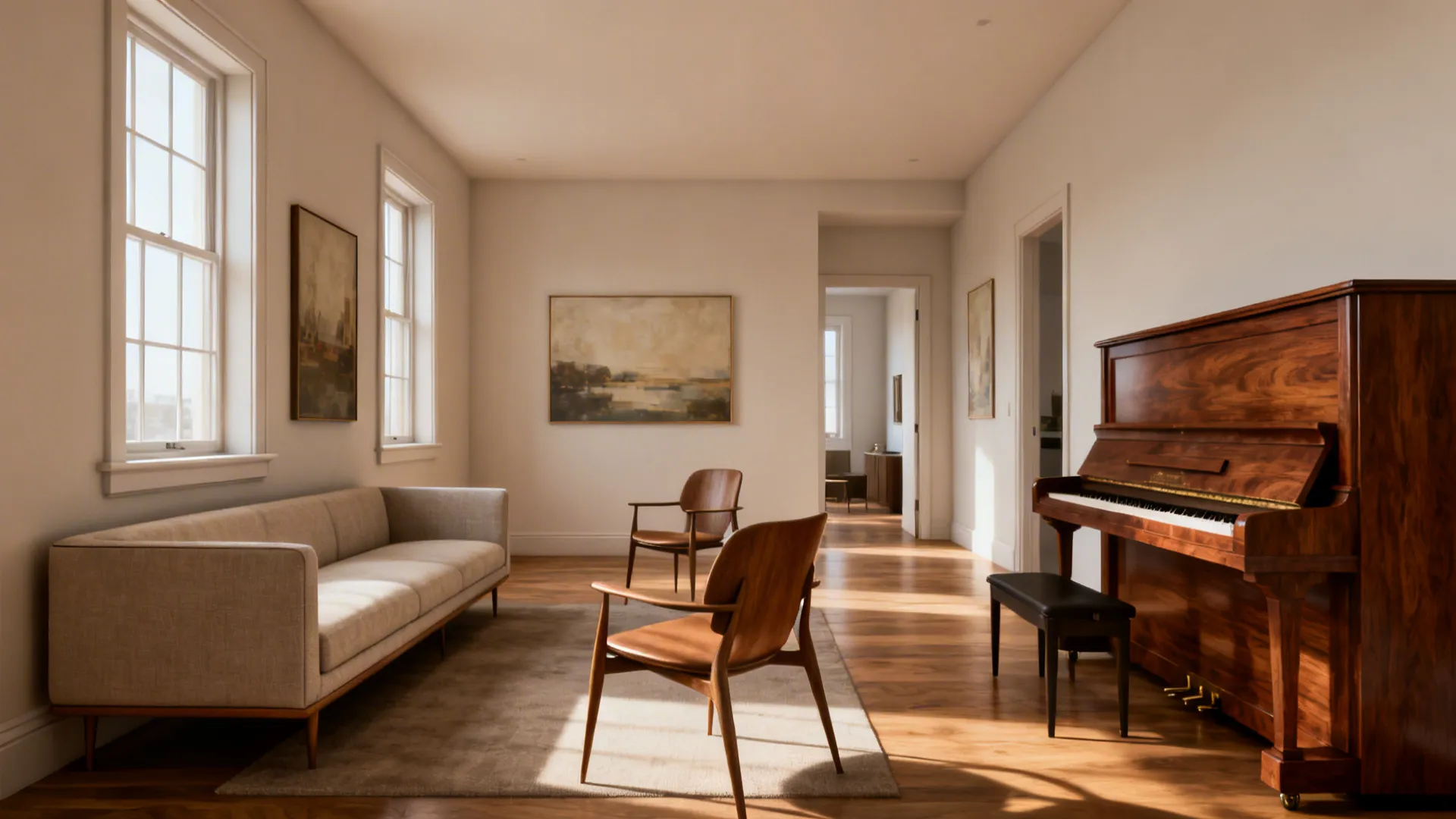 Low-back sofa and mid-century chairs keep sightlines open to a baby grand piano