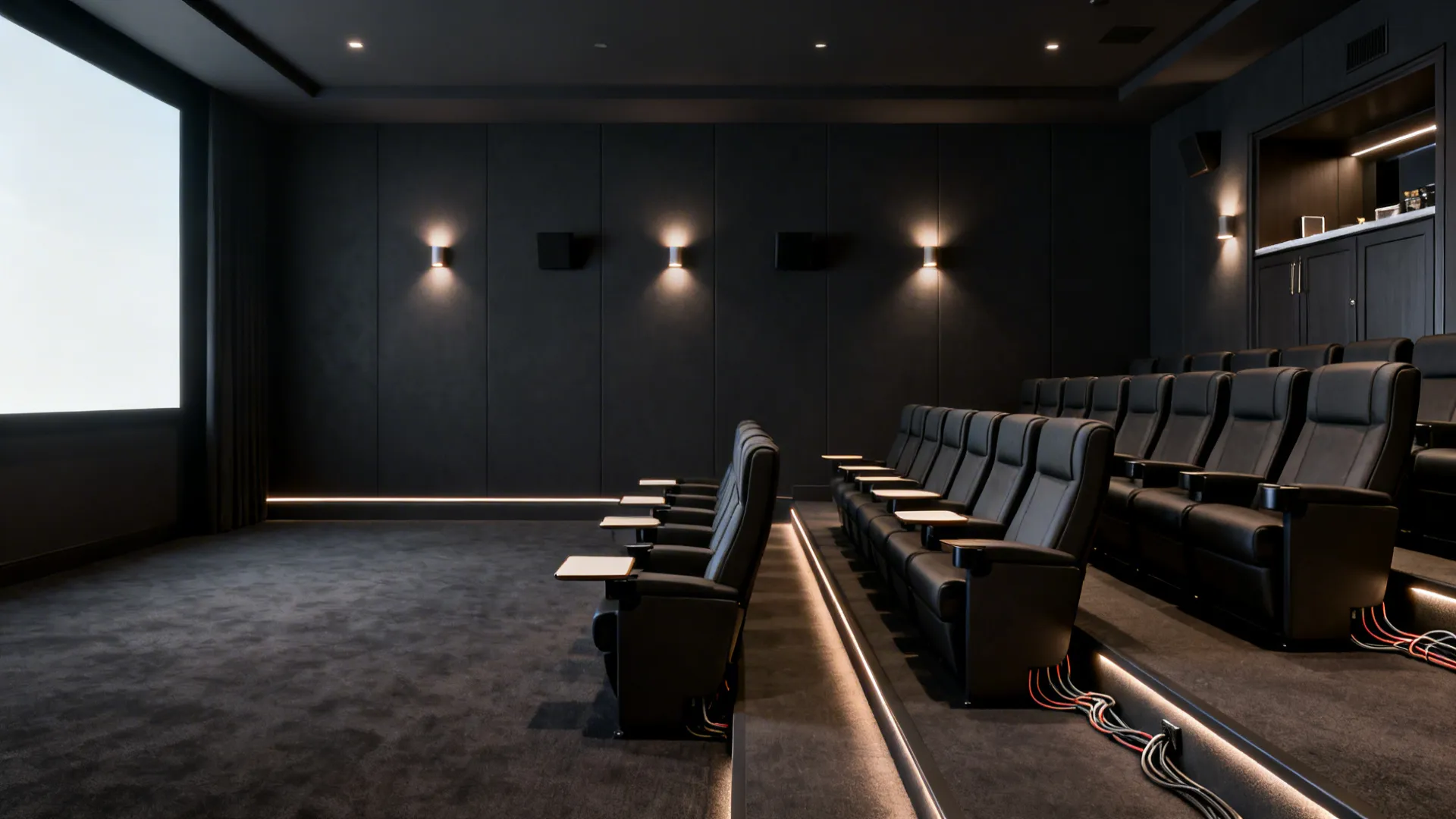 Two rows of low-back recliners with a narrow aisle and concealed cable raceways in a 12x10 theater.