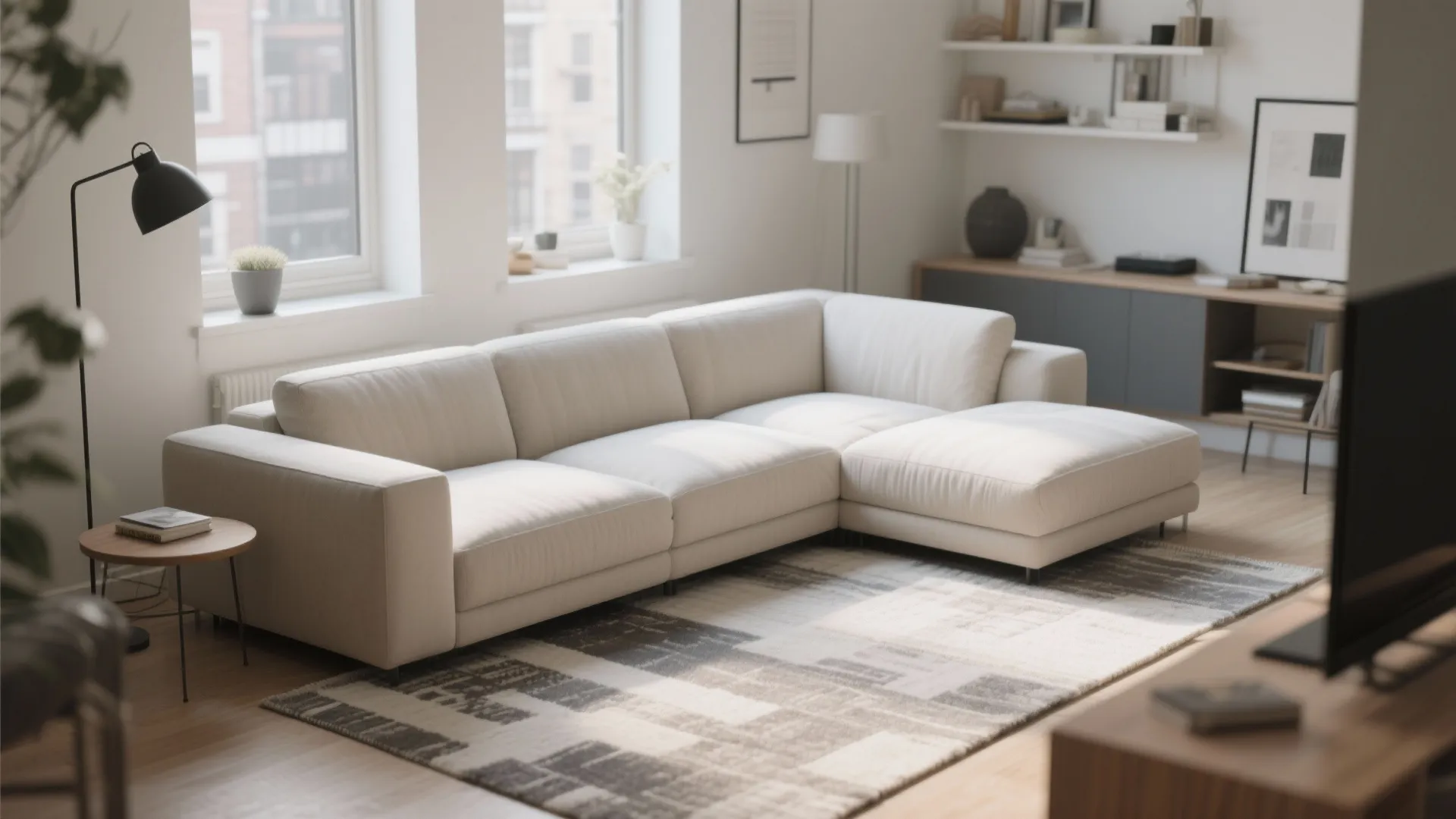 Bright minimalist living room featuring a low cream sofa on a patterned grey area rug