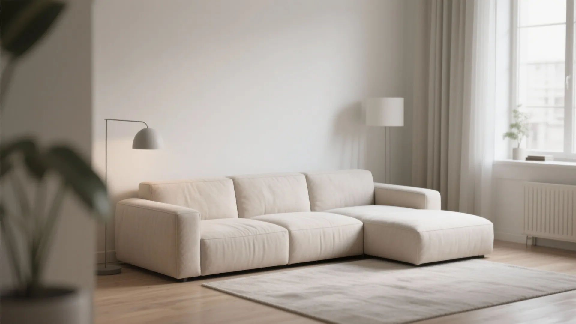 Modern beige sofa on rug in bright living room with white walls and floor light