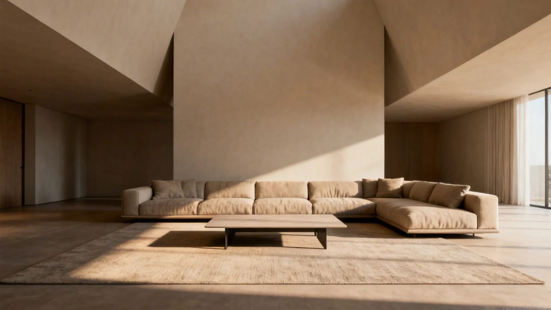 Low-profile oversized sectional and large rug anchoring a high-ceiling living room.