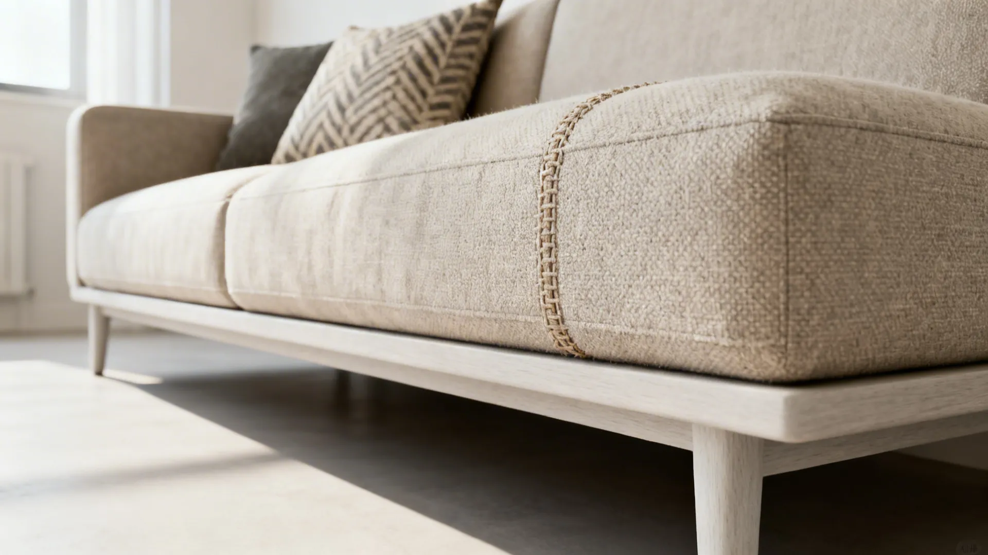 Low-profile armless sectional with exposed legs and textured upholstery in a small living room.