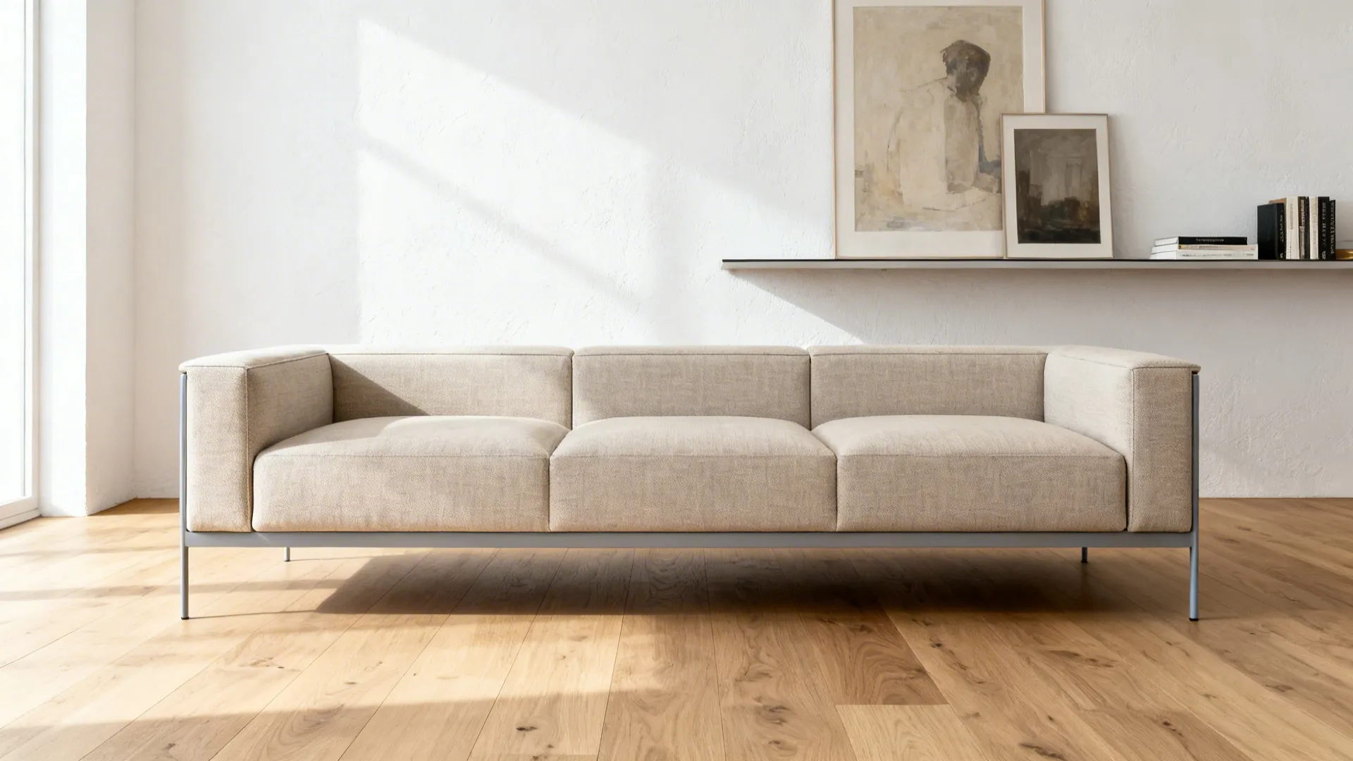 Minimalist low-profile L-shaped sectional on slender legs in a bright living room.