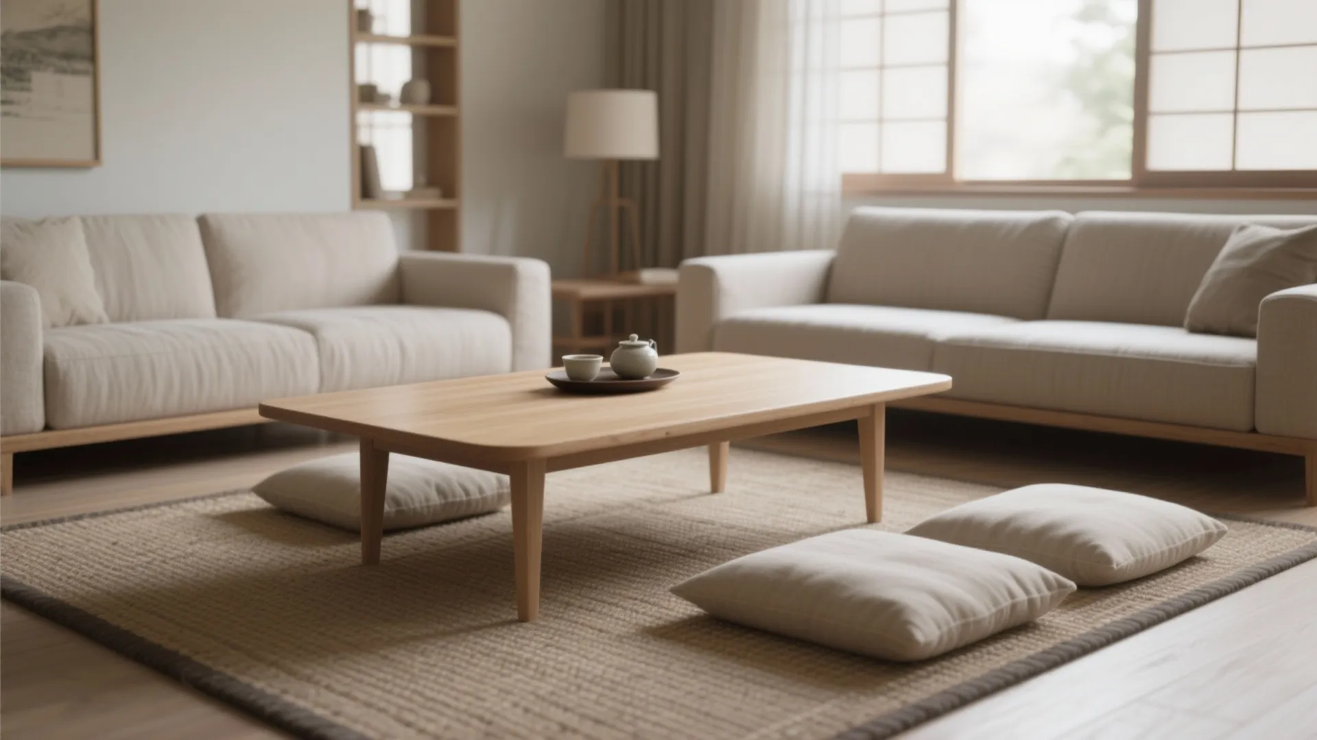 Zen style living room with low wooden table floor cushions two cream sofas and bookshelf