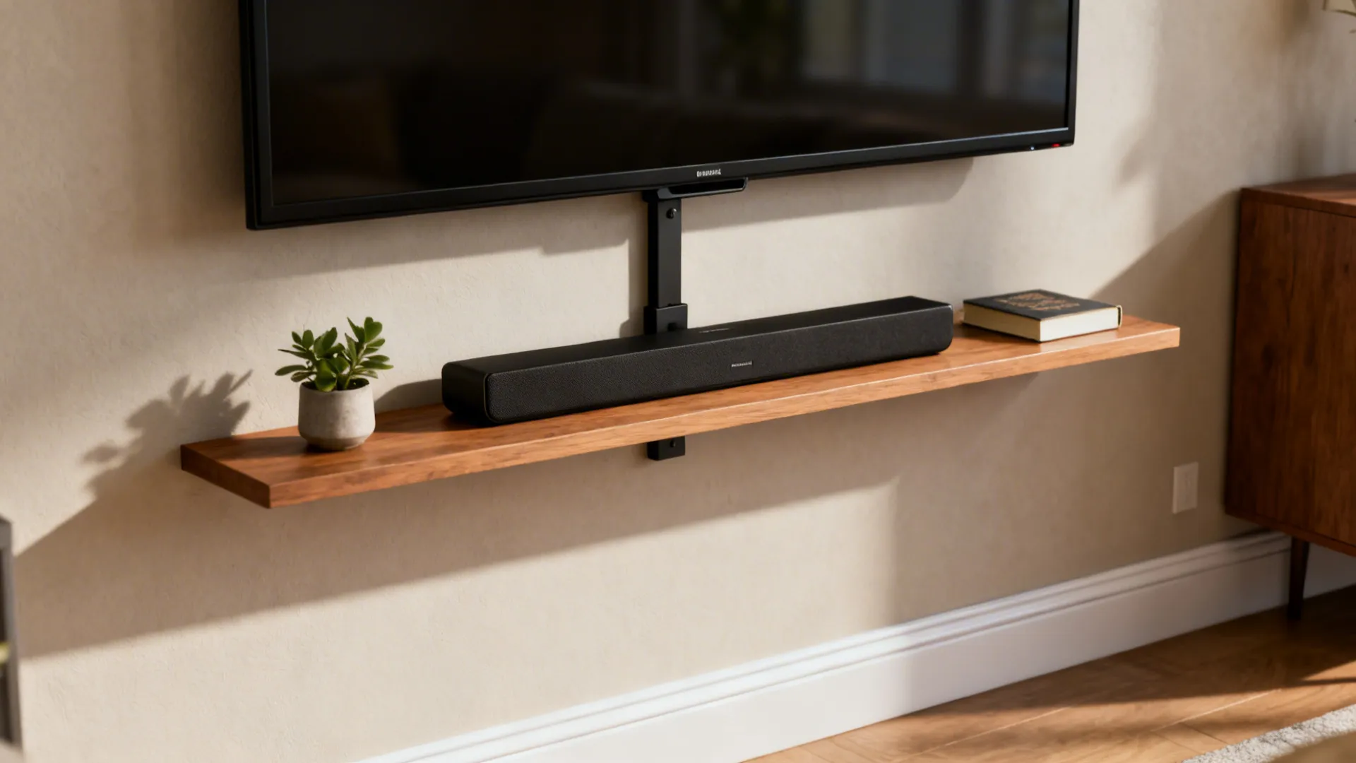 Low-profile TV mounted close to a wall with a narrow floating shelf and soundbar underneath.