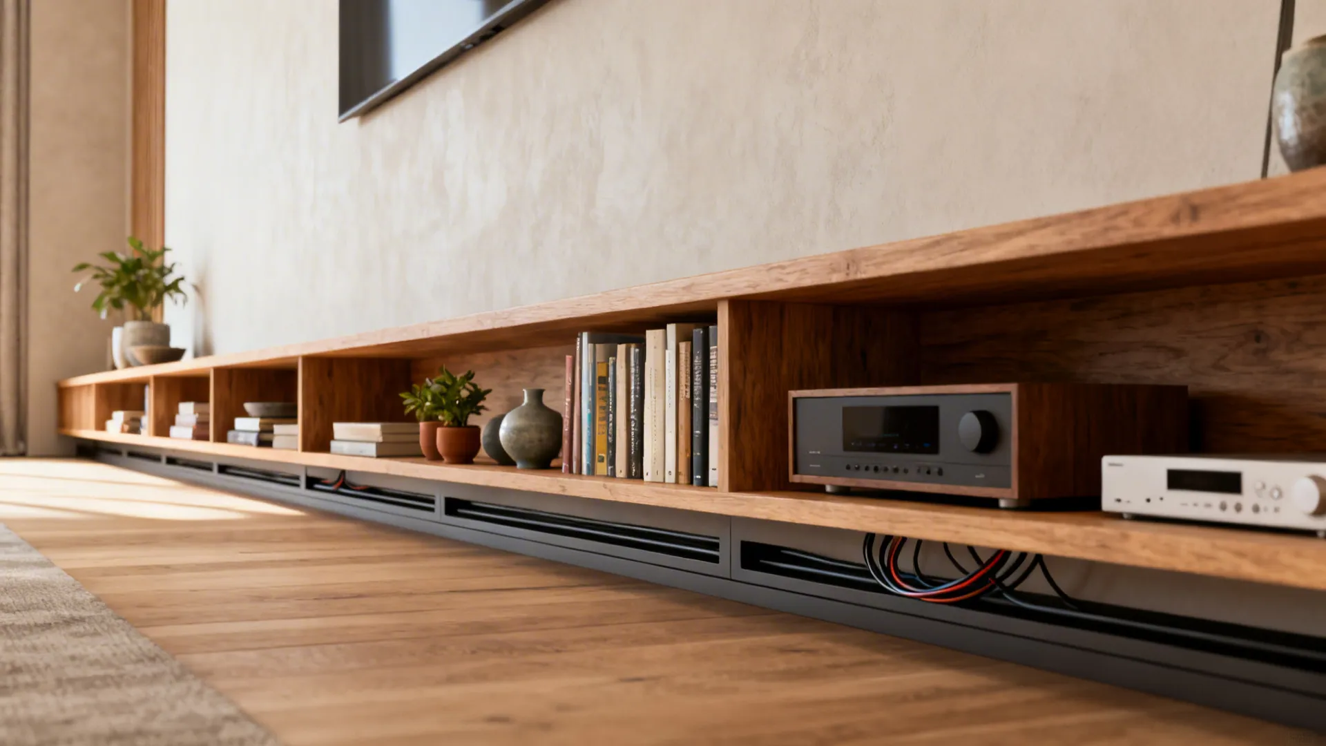 Long low-profile built-in shelving with books, ceramics, and plants under a living room wall.