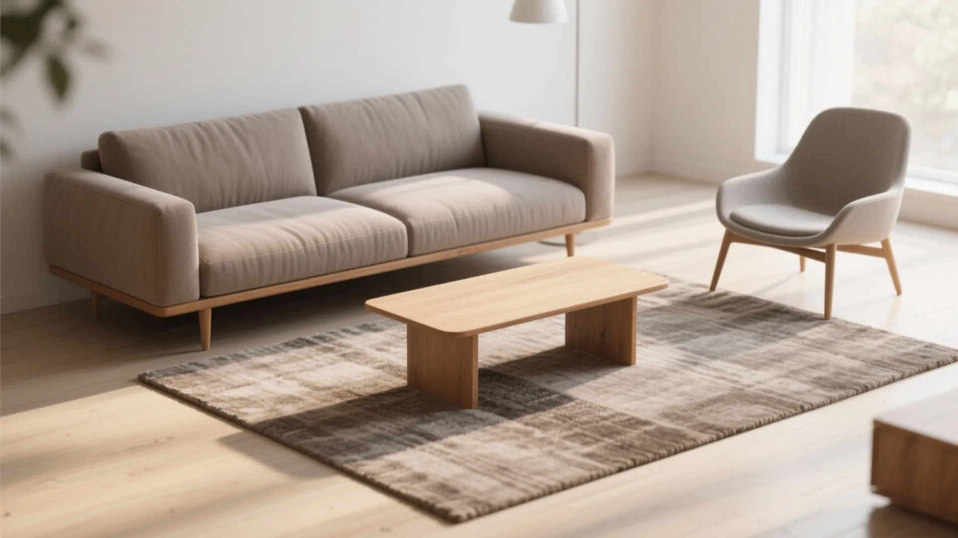 Modern living room featuring beige sofa wooden coffee table grey chair and rug on floor