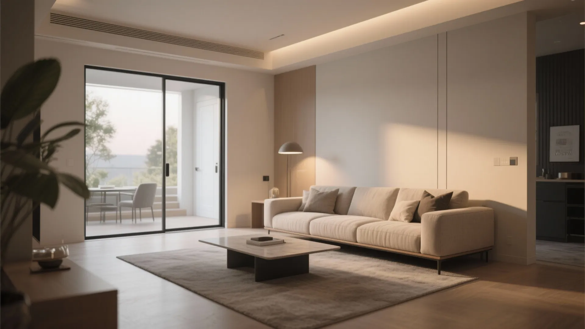 Modern living room with a beige sofa marble coffee table rug and large glass sliding doors
