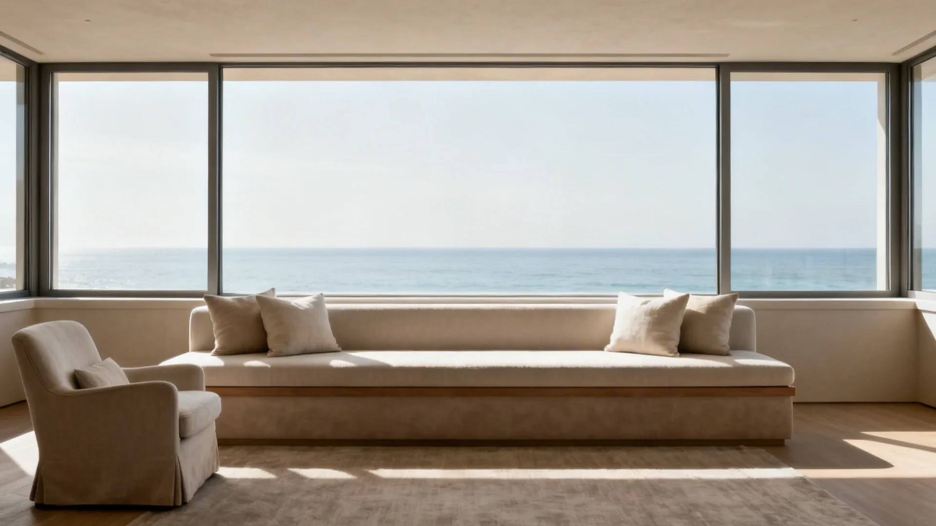 Low-back sofa and bench in front of a window preserving the exterior horizon